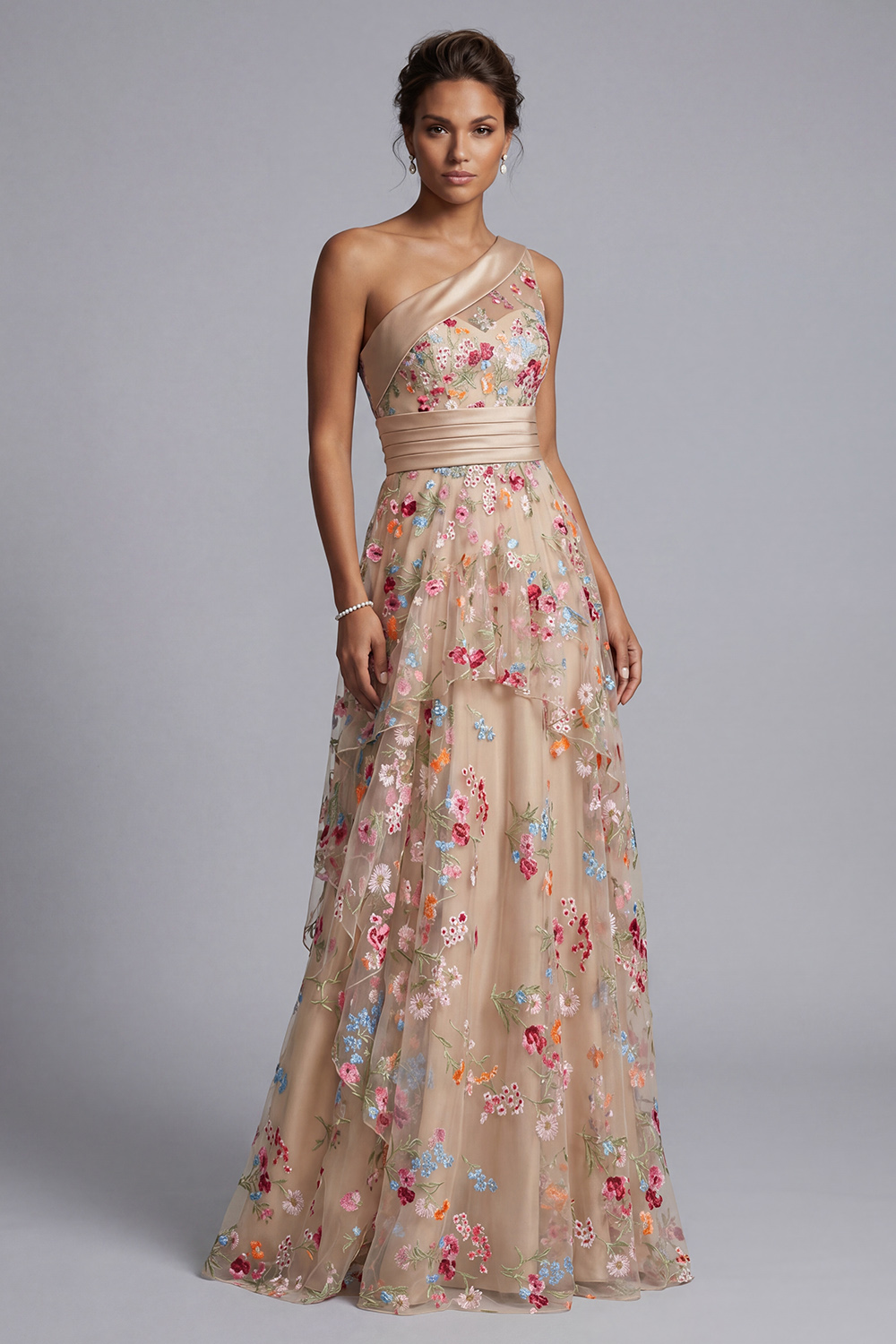 Floral Champagne A Line One Shoulder Long Mother of the Bride Dress with Ruffles