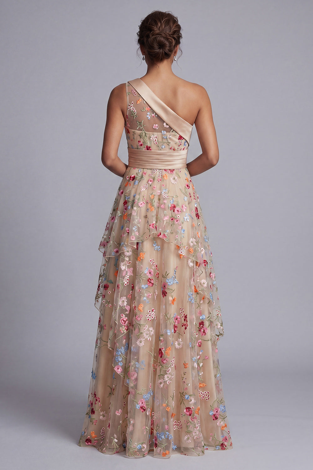 Floral Champagne A Line One Shoulder Long Mother of the Bride Dress with Ruffles