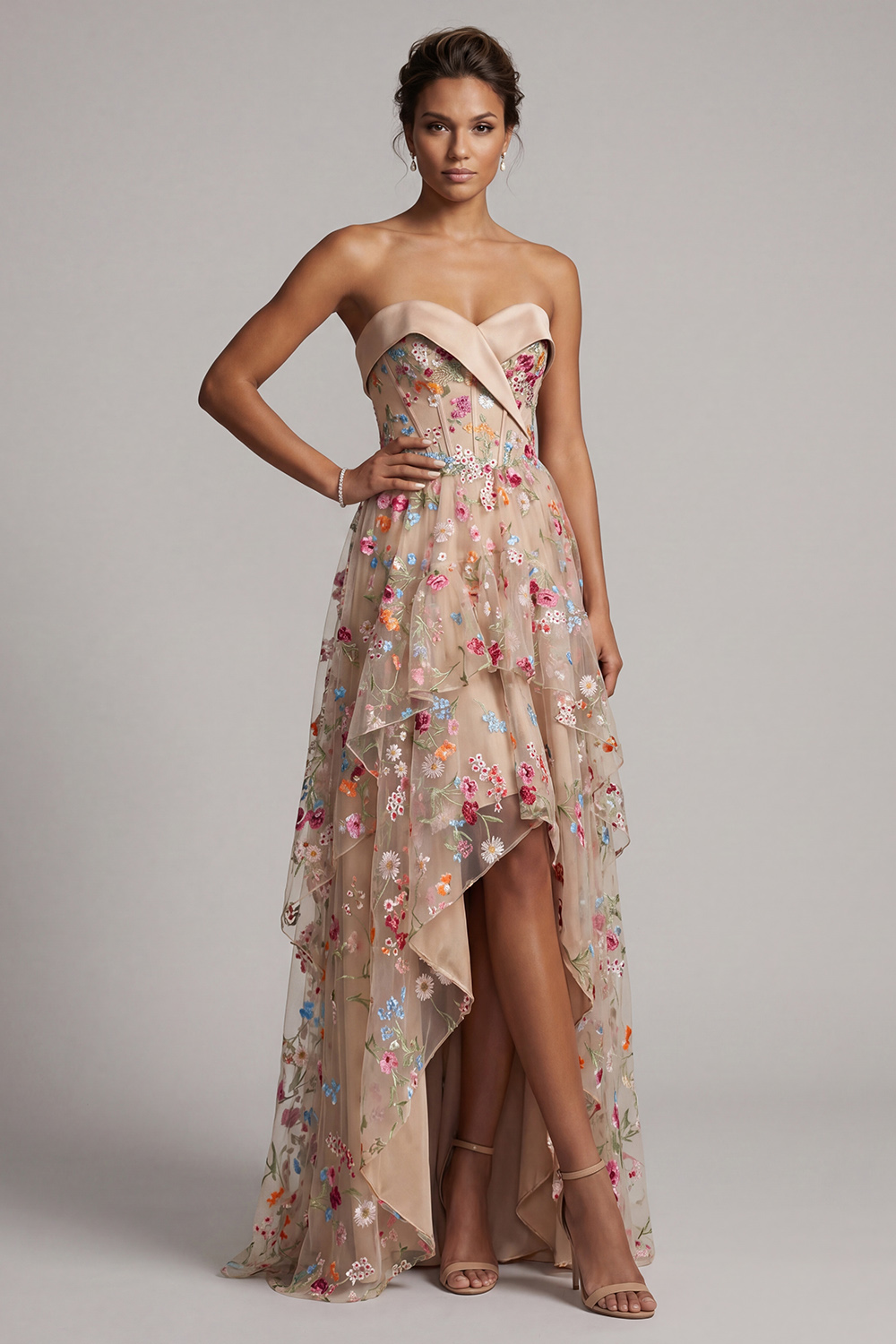 Floral Champagne Basque Waist Corset High Low Mother of the Bride Dress with Ruffles