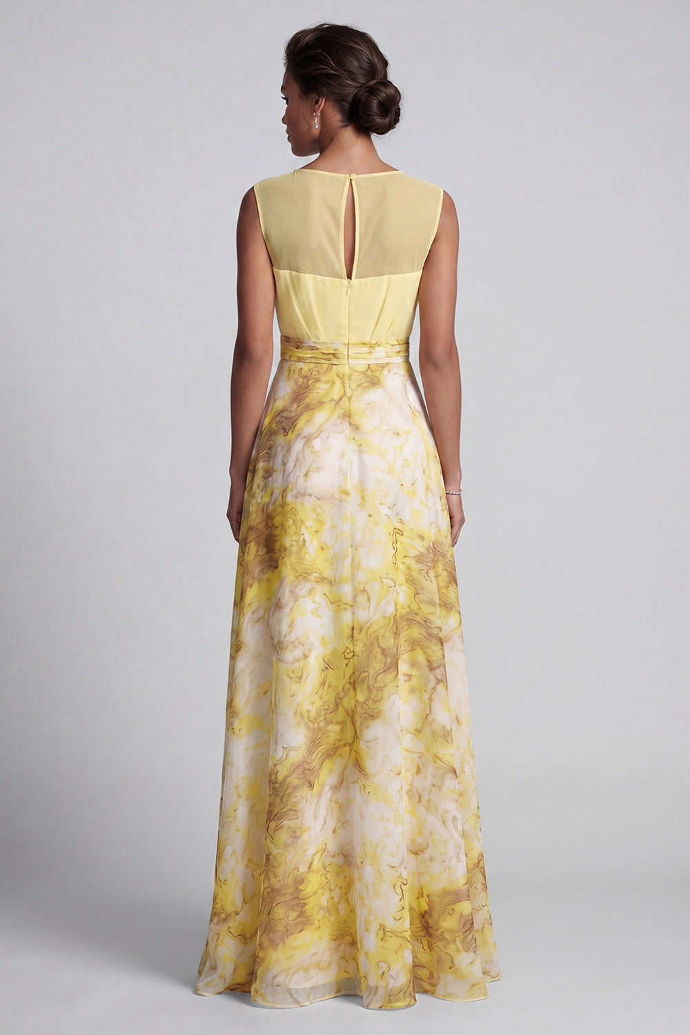 Yellow Bateau Neck A Line Long Butter Floral Printed Mother of the Bride Dress