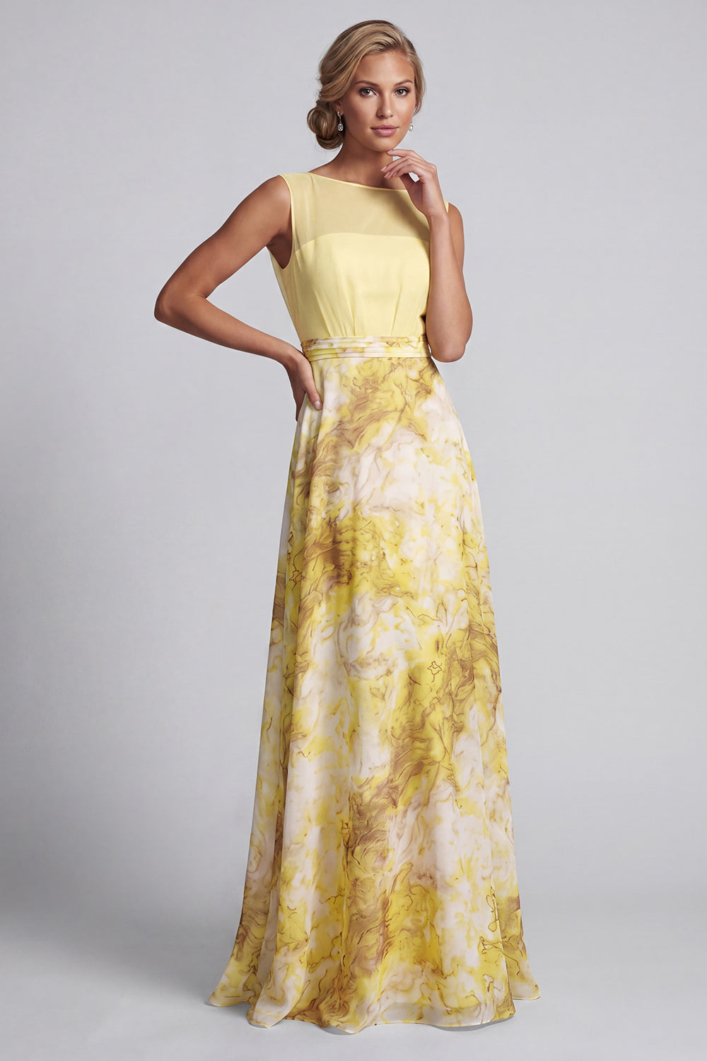Yellow Bateau Neck A Line Long Butter Floral Printed Mother of the Bride Dress