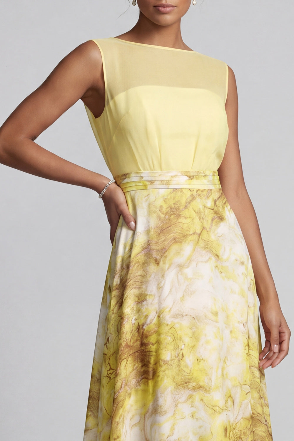 Yellow Bateau Neck A Line Long Butter Floral Printed Mother of the Bride Dress