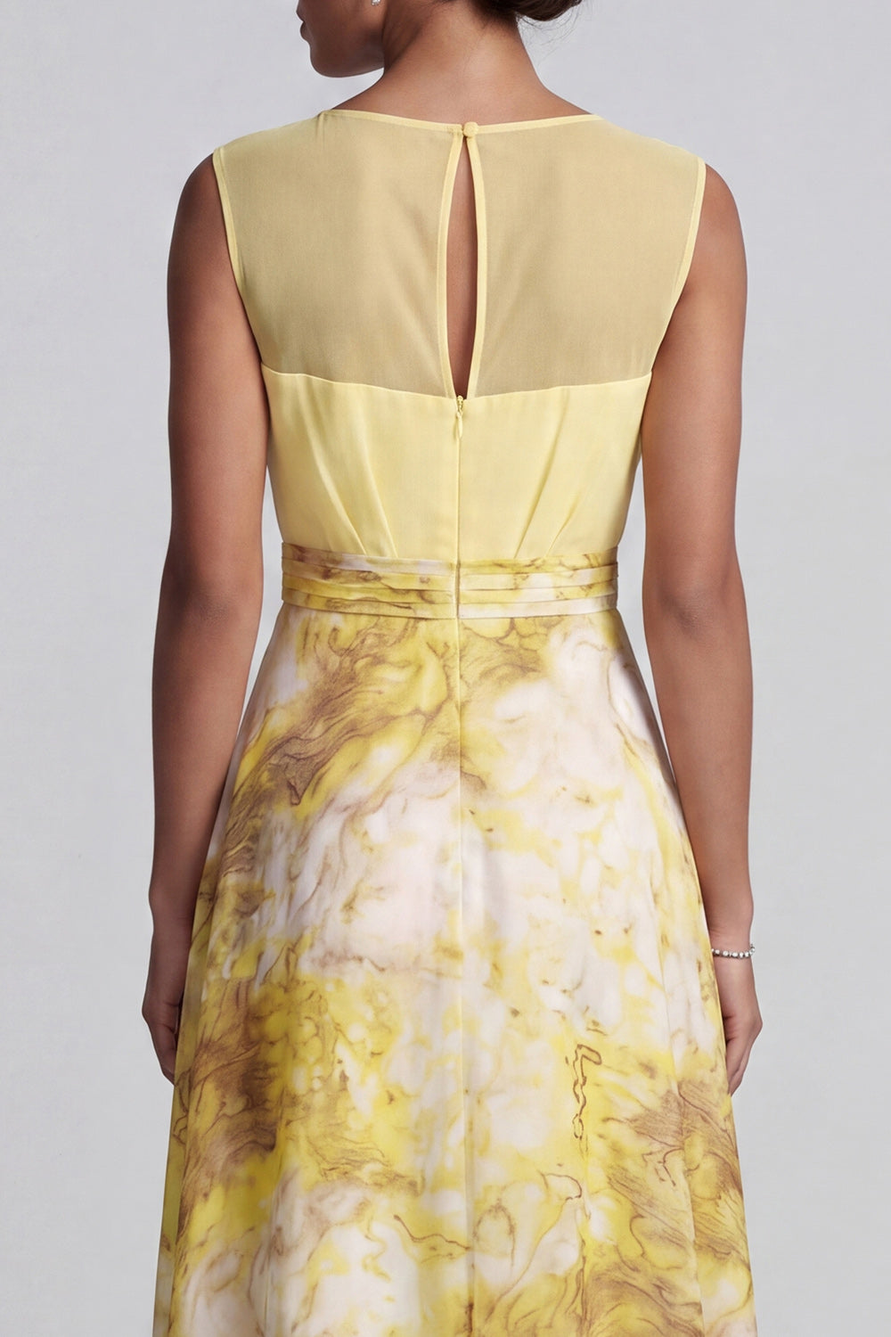Yellow Bateau Neck A Line Long Butter Floral Printed Mother of the Bride Dress