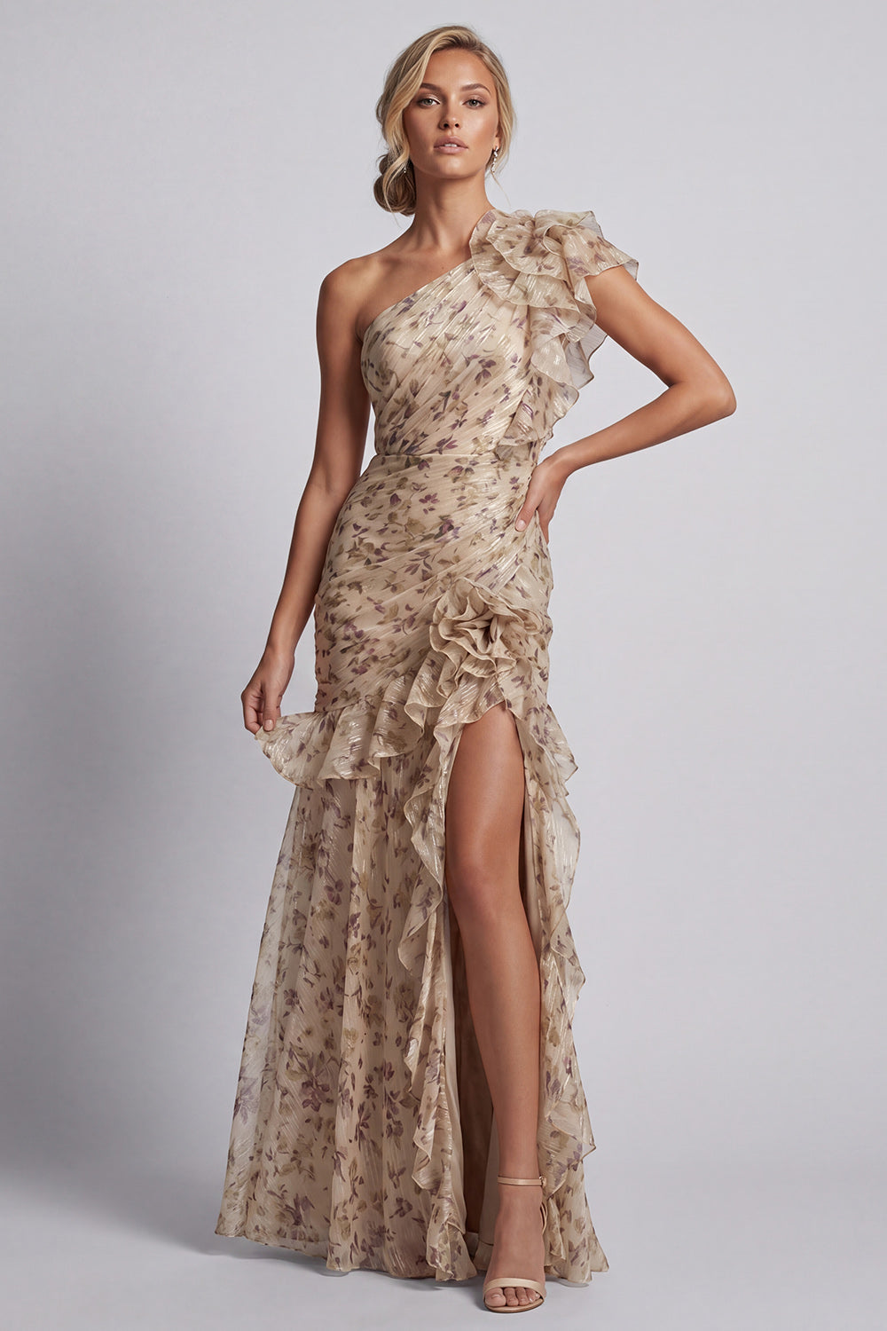Champagne Floral Mermaid Ruffled Long Mother of the Bride Dress with Slit