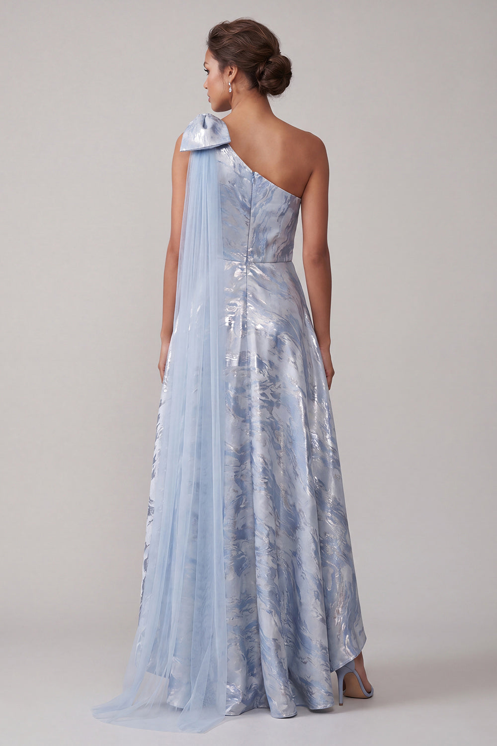 Sky Blue Floral High Low A Line Mother of the Bride Dress with Bow