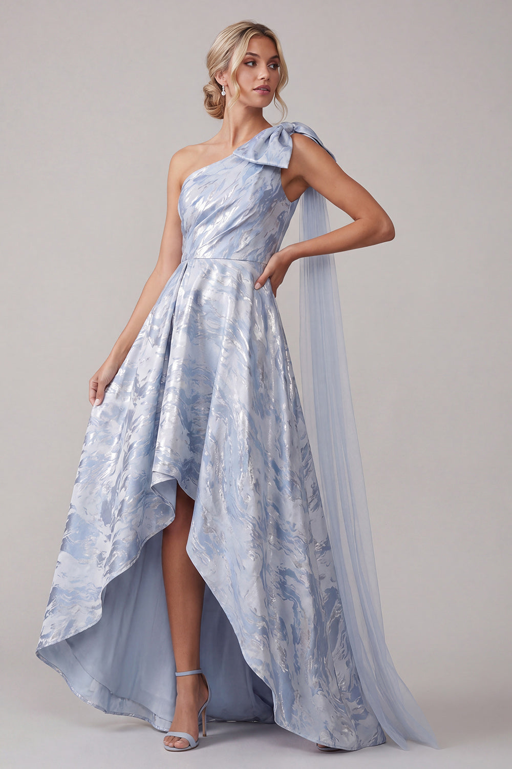 Sky Blue Floral High Low A Line Mother of the Bride Dress with Bow