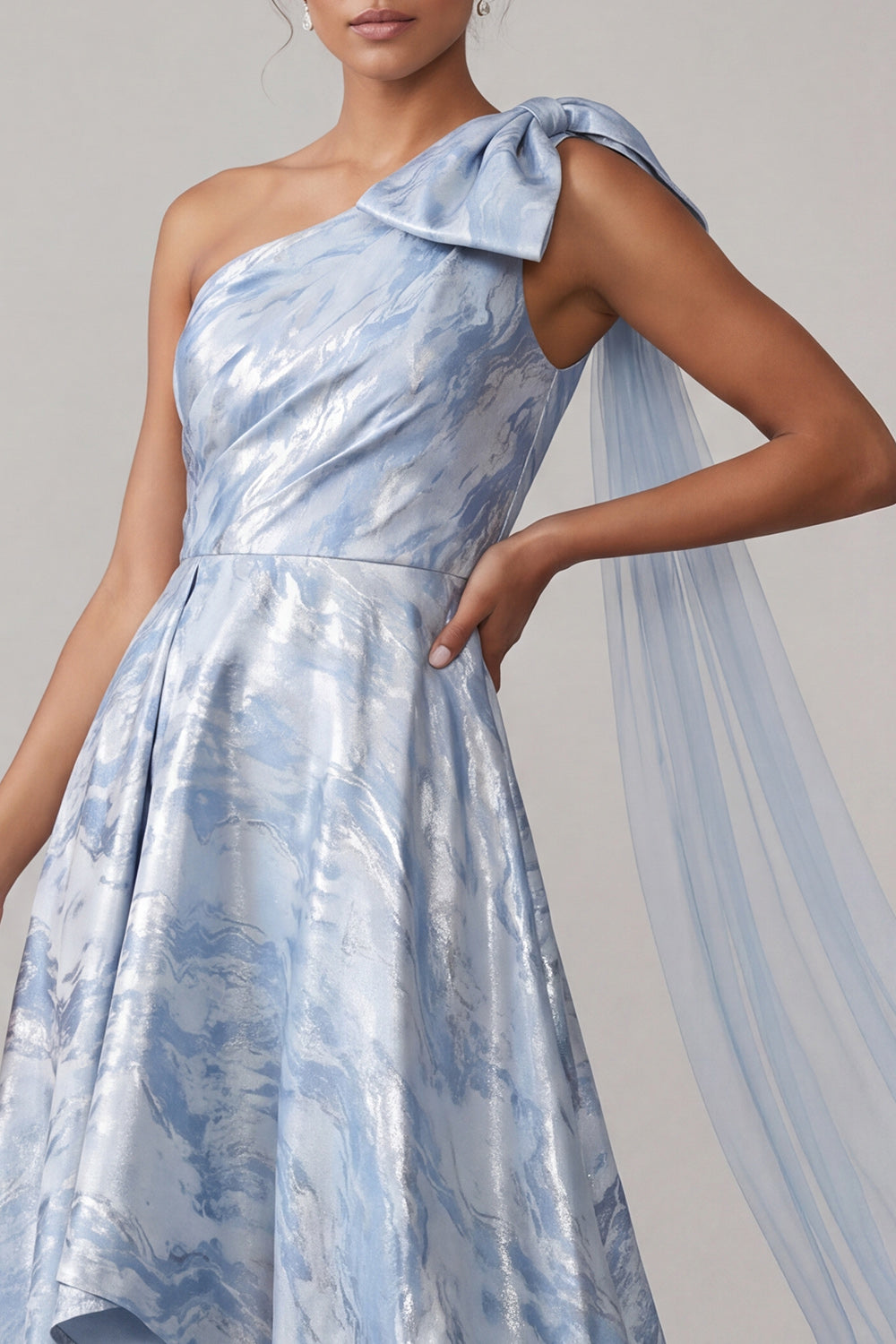 Sky Blue Floral High Low A Line Mother of the Bride Dress with Bow