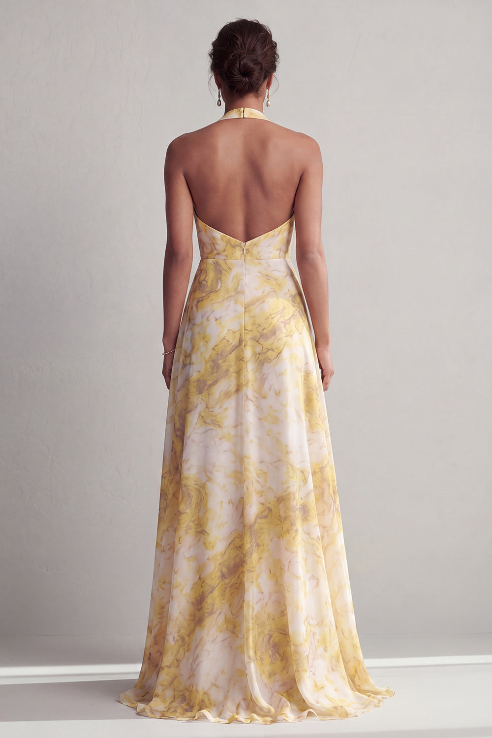 Yellow Floral Printed Halter A Line Long Butter Mother of the Bride Dress with Slit