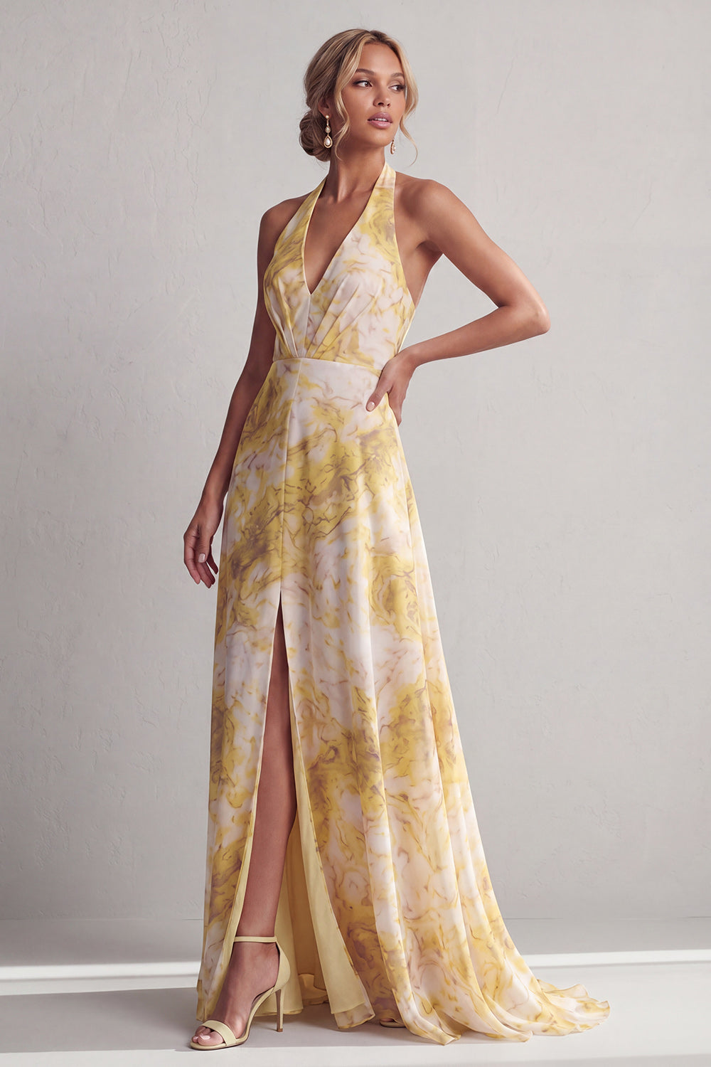 Yellow Floral Printed Halter A Line Long Butter Mother of the Bride Dress with Slit