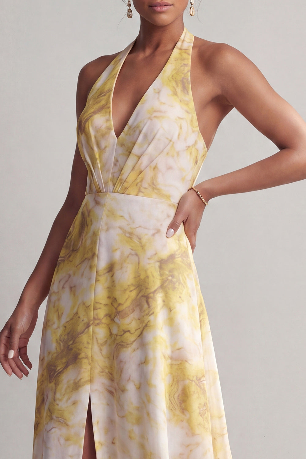 Yellow Floral Printed Halter A Line Long Butter Mother of the Bride Dress with Slit