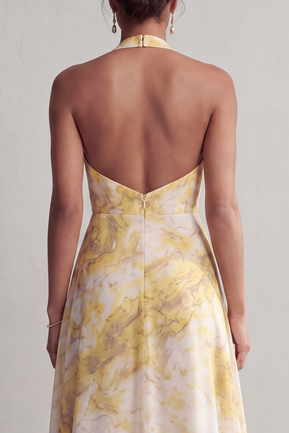 Yellow Floral Printed Halter A Line Long Butter Mother of the Bride Dress with Slit