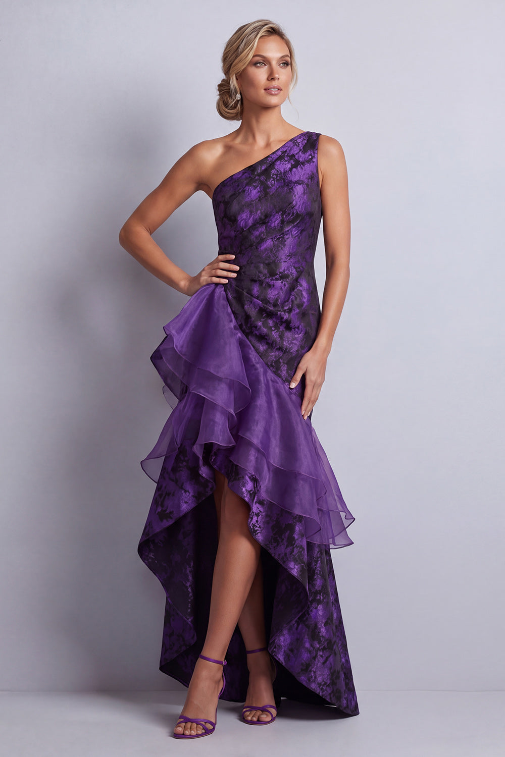 Dark Purple High Low Floral Ruched Mermaid Mother of the Bride Dress with Ruffles