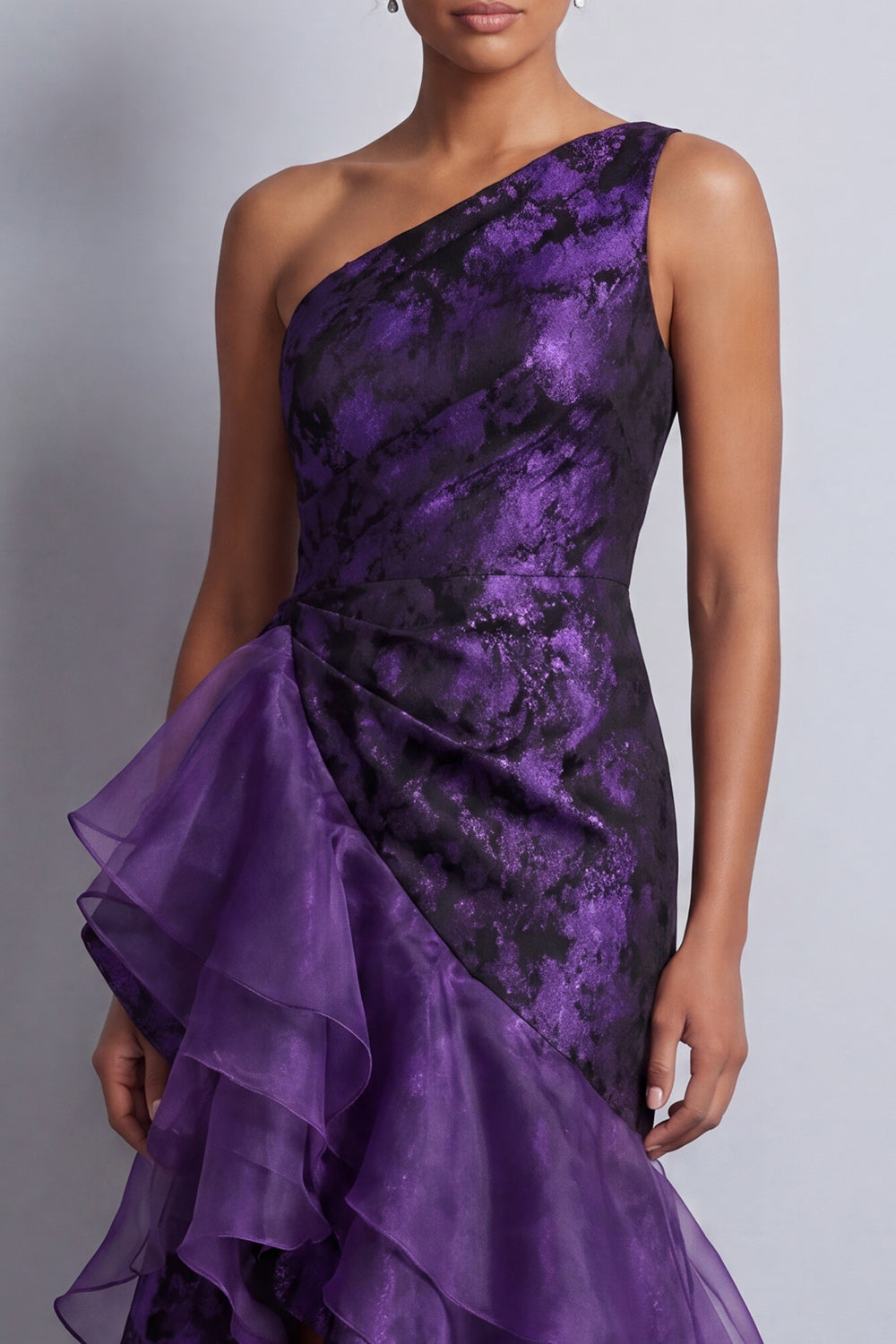 Dark Purple High Low Floral Ruched Mermaid Mother of the Bride Dress with Ruffles