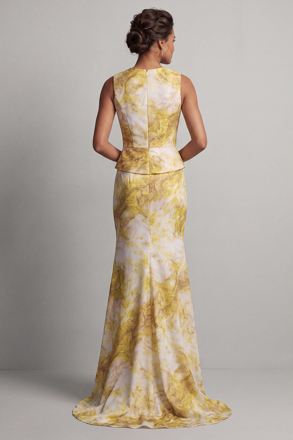 Yellow Floral Mermaid Long Printed Butter Mother of the Bride Dress with Sash