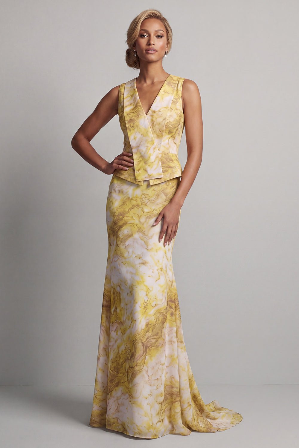 Yellow Floral Mermaid Long Printed Butter Mother of the Bride Dress with Sash