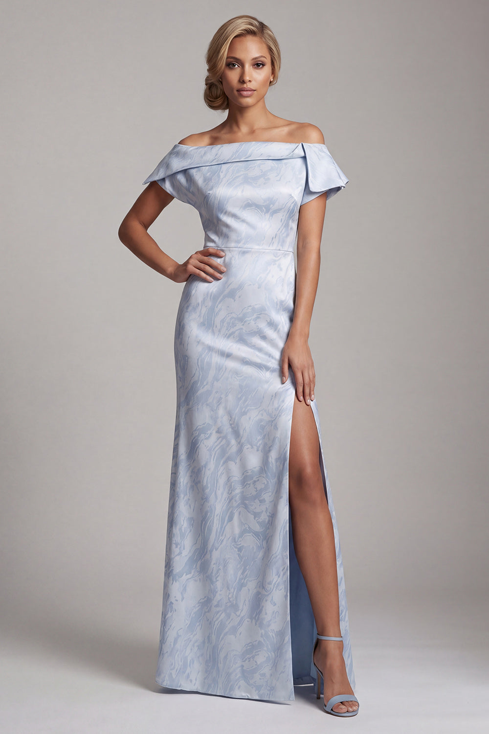 Sky Blue Floral Mermaid Long Mother of the Bride Dress with Slit