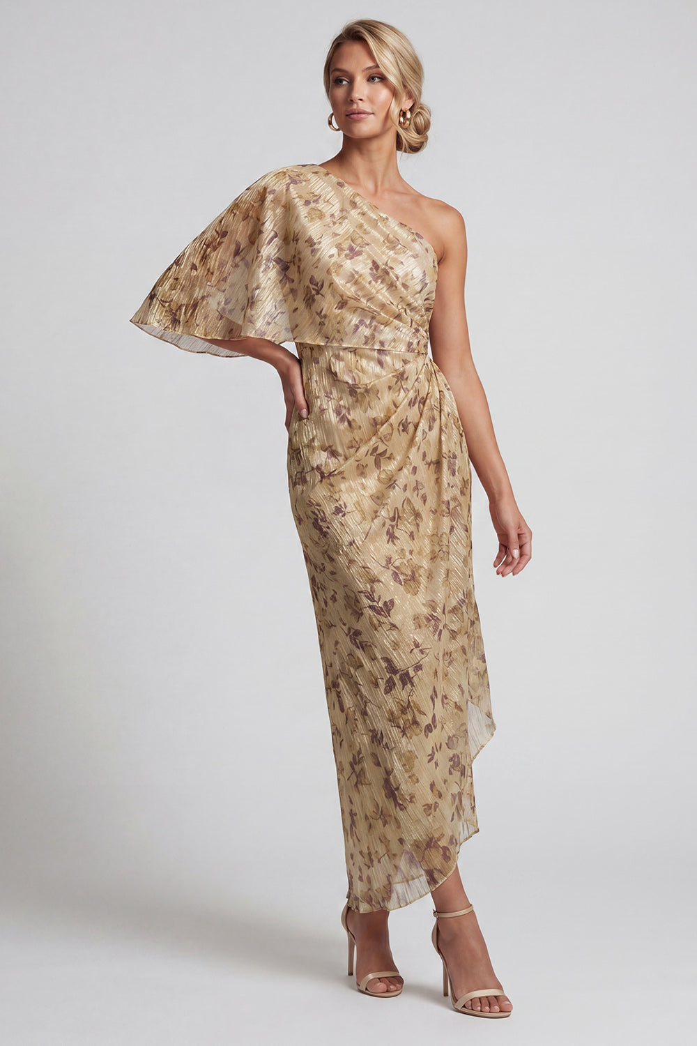 Floral Champagne Sheath Long Ruched Mother of the Bride Dress with Side Cape