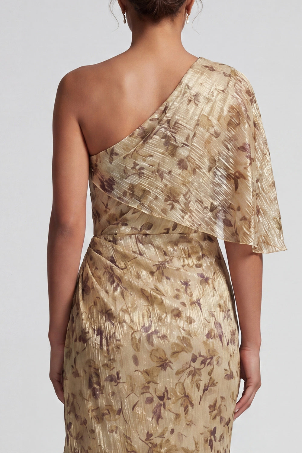 Floral Champagne Sheath Long Ruched Mother of the Bride Dress with Side Cape