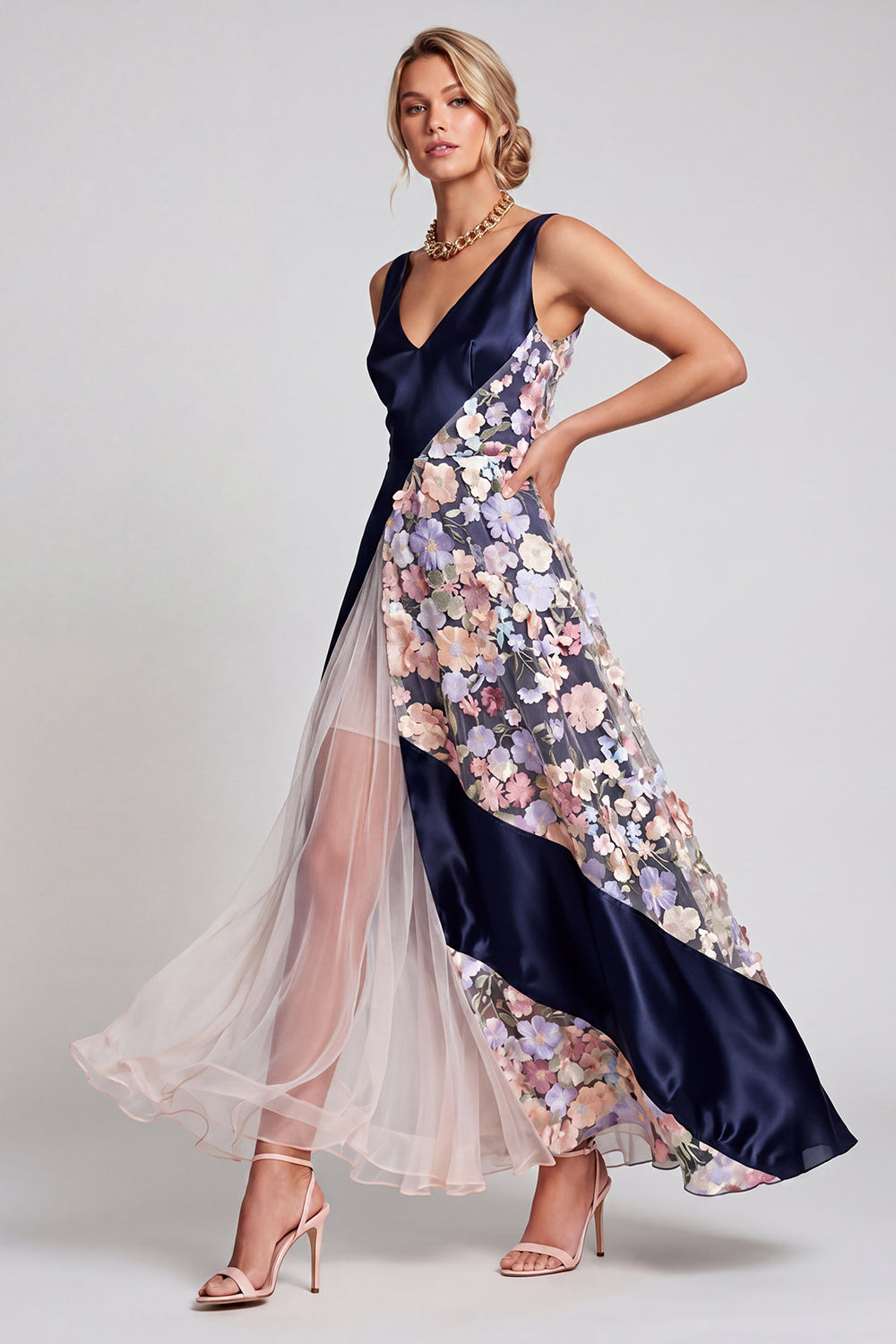Blush Long A Line V-Neck Floral Mother of the Bride Dress