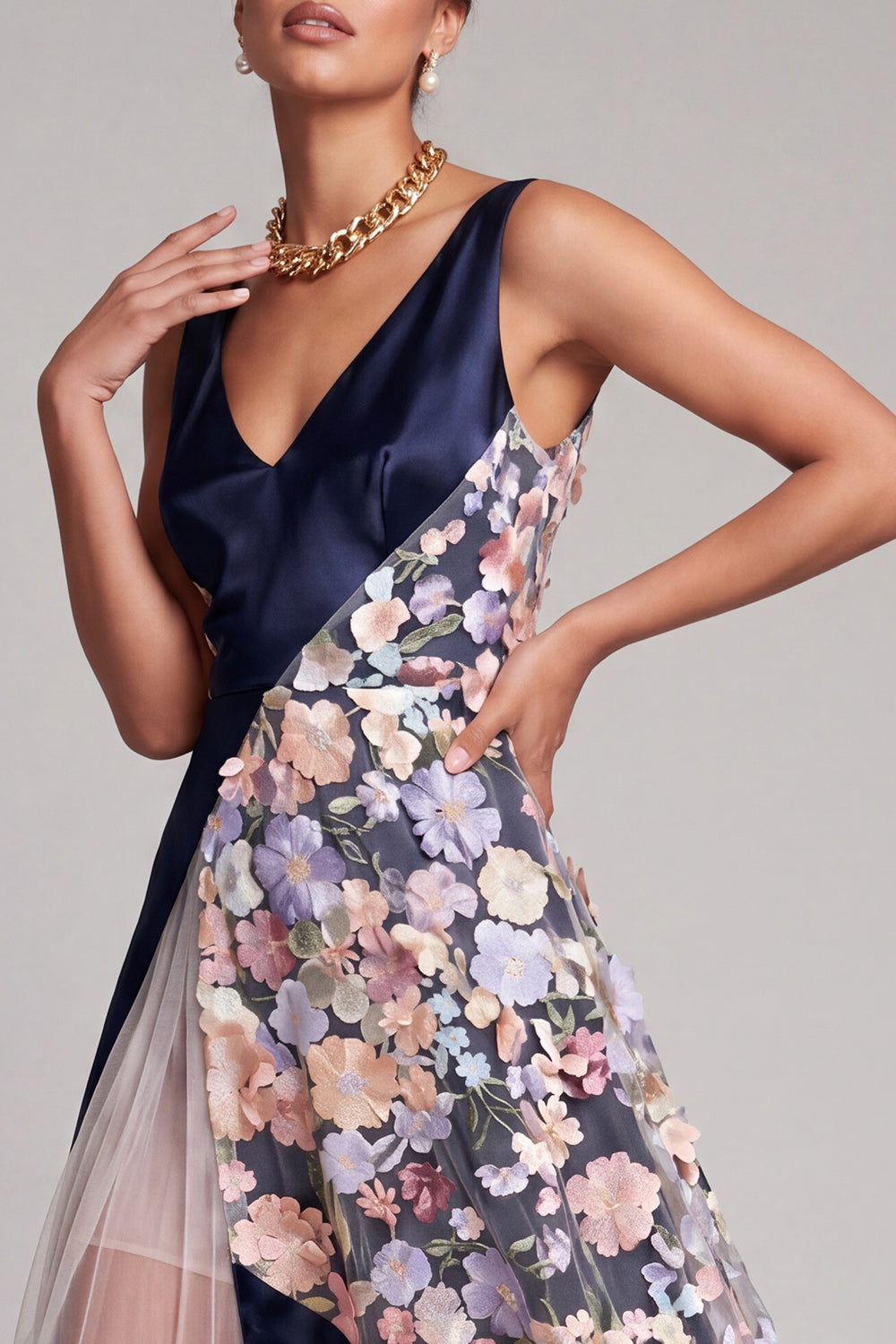 Blush Long A Line V-Neck Floral Mother of the Bride Dress