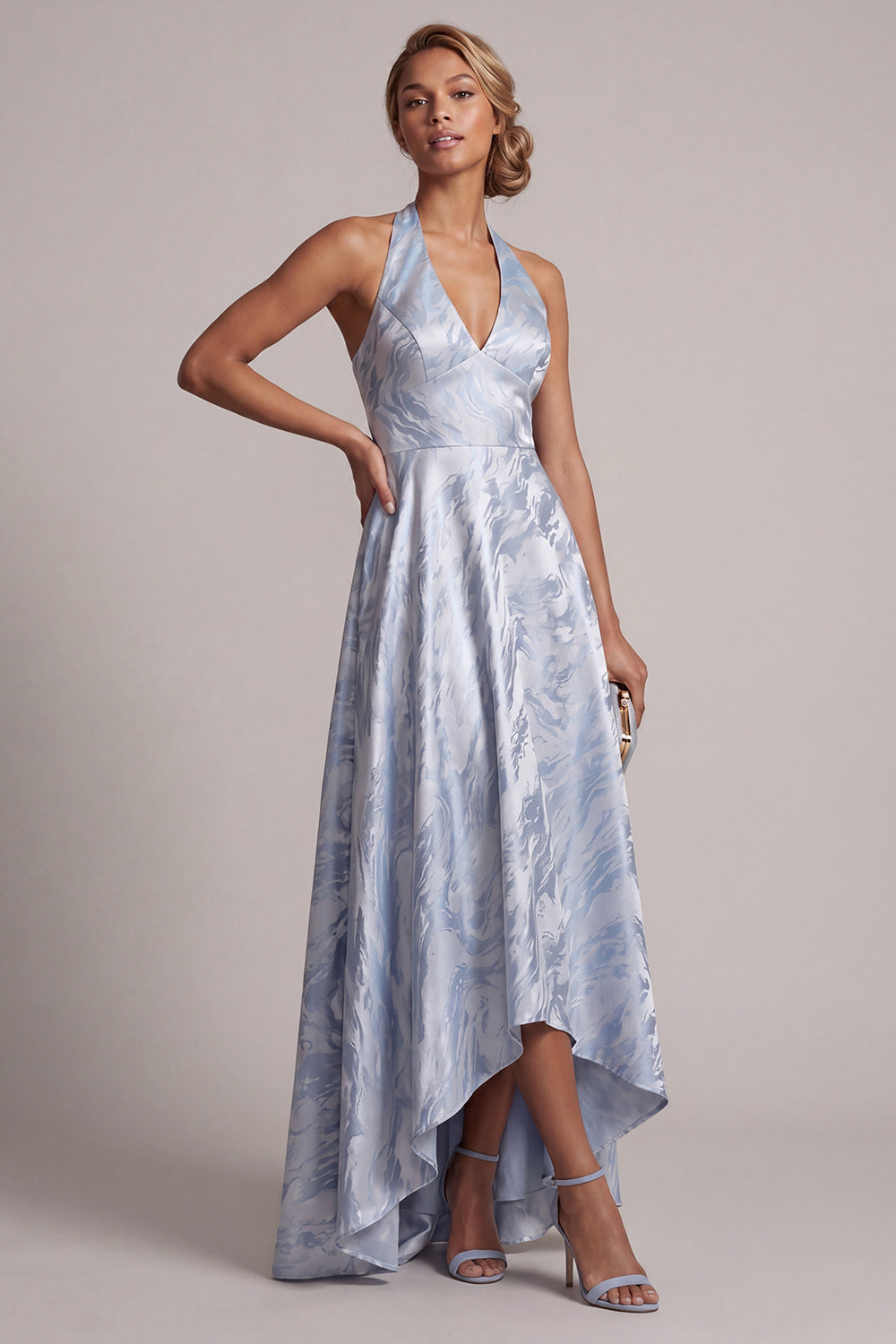 Sky Blue Floral Halter Backless A Line High Low Mother of the Bride Dress