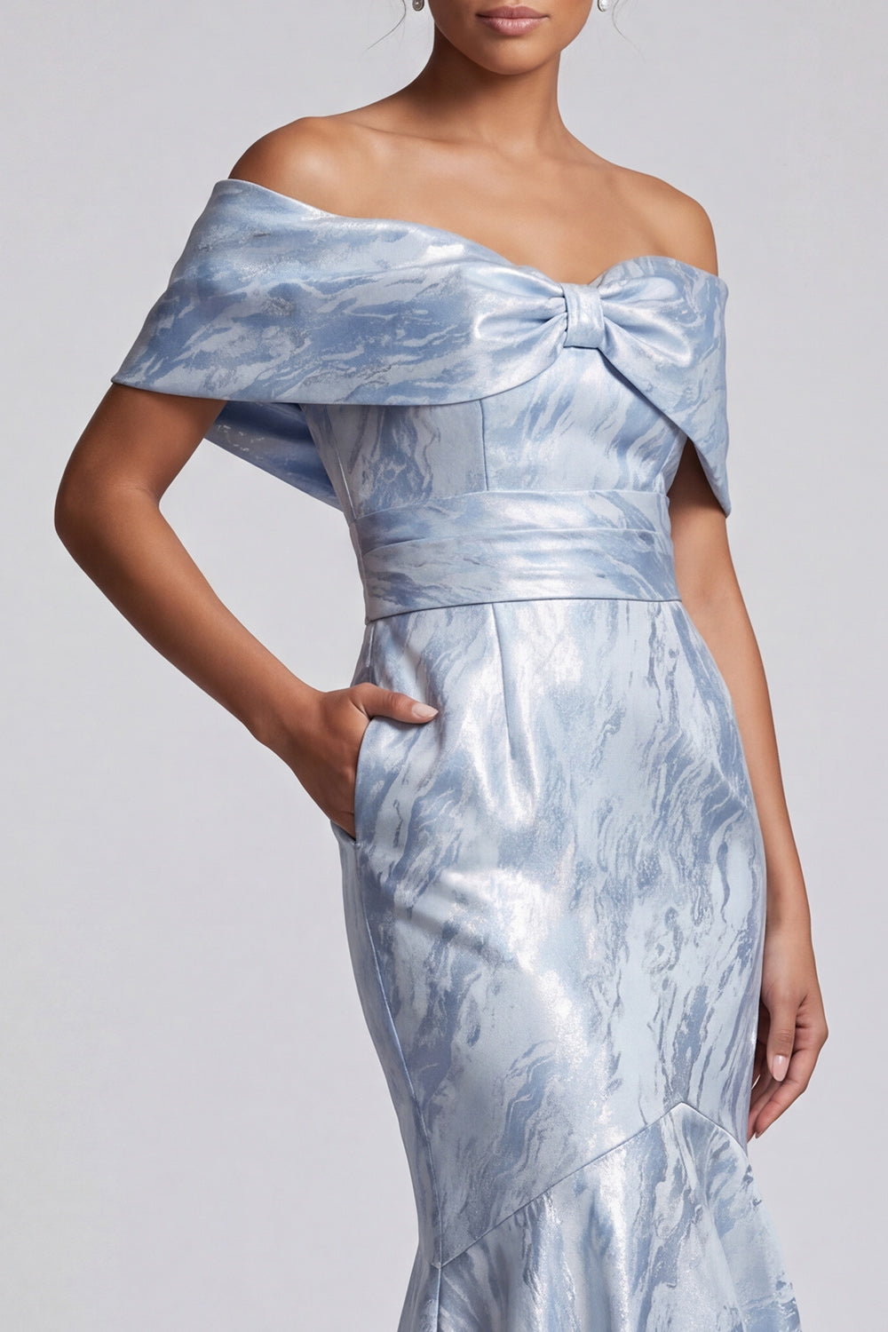 Sky Blue Floral Mermaid Long Mother of the Bride Dress with Pockets