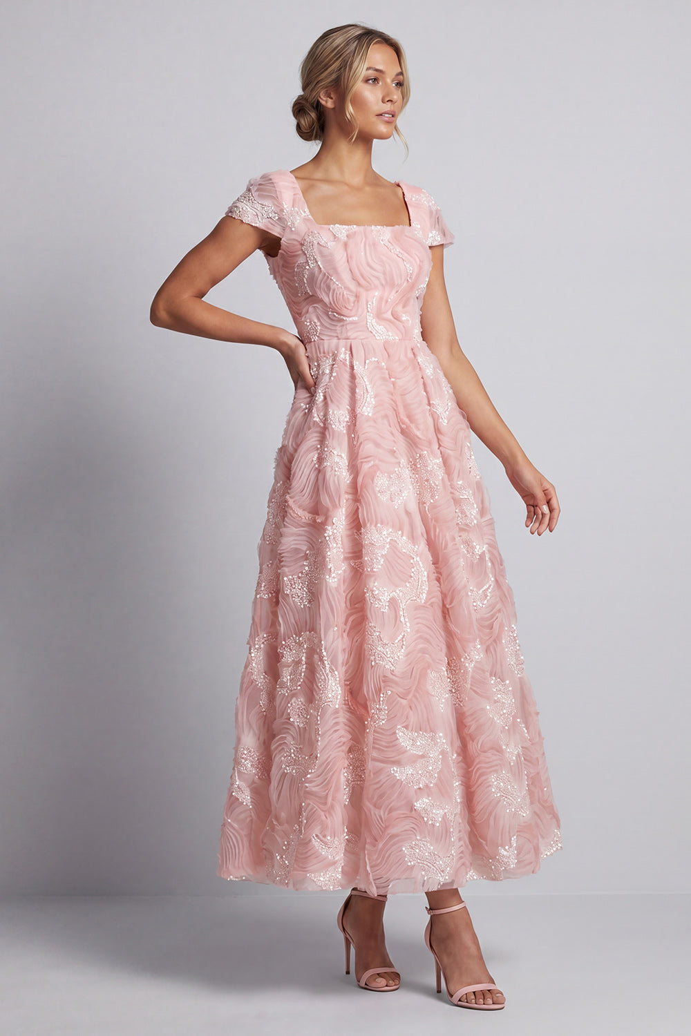Sparkly Blush Square Neck Long A Line Beaded Mother of the Bride Dress