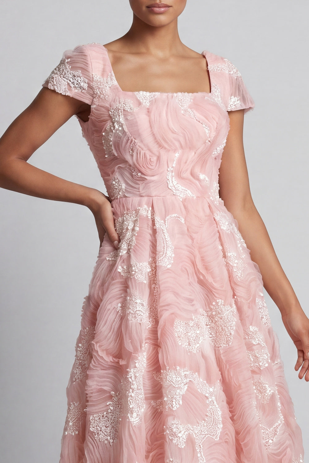 Sparkly Blush Square Neck Long A Line Beaded Mother of the Bride Dress