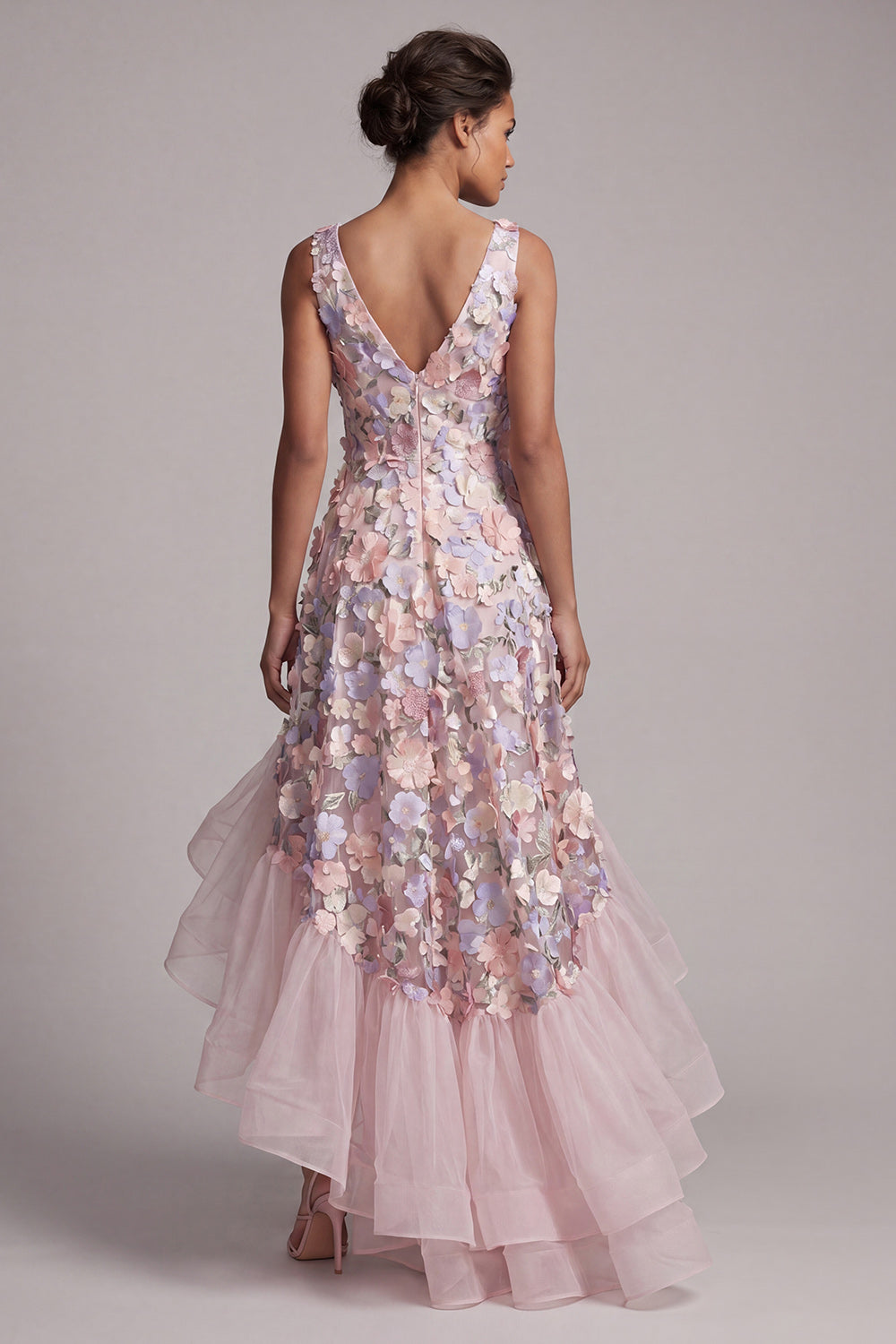 Blush A Line High Low V-Neck Floral Mother of the Bride Dress with Ruffles