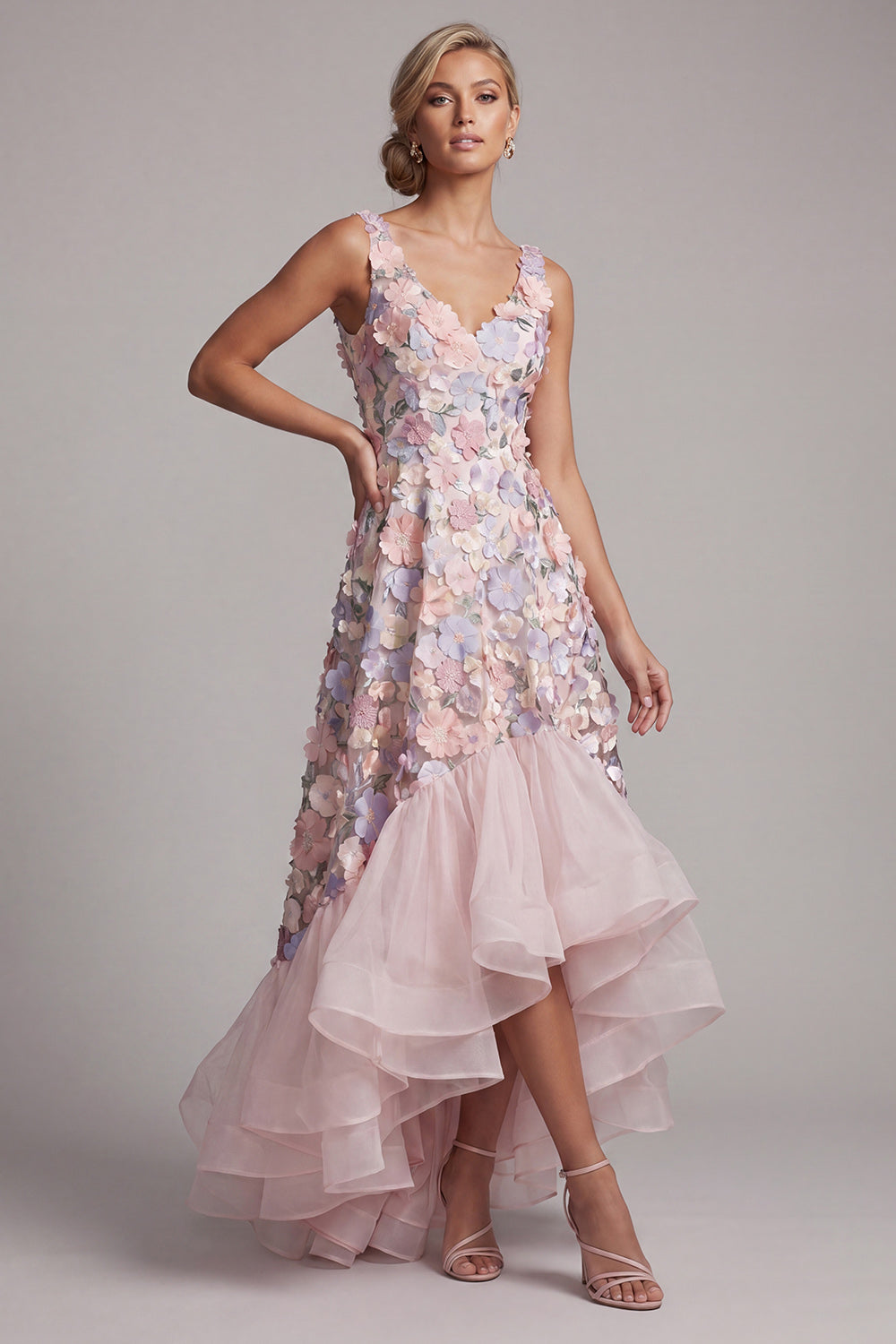Blush A Line High Low V-Neck Floral Mother of the Bride Dress with Ruffles