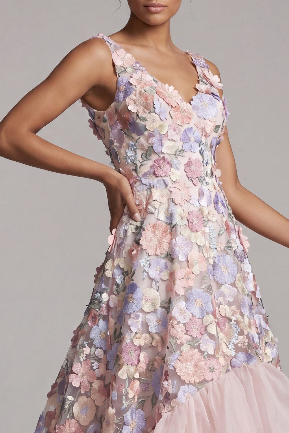 Blush A Line High Low V-Neck Floral Mother of the Bride Dress with Ruffles