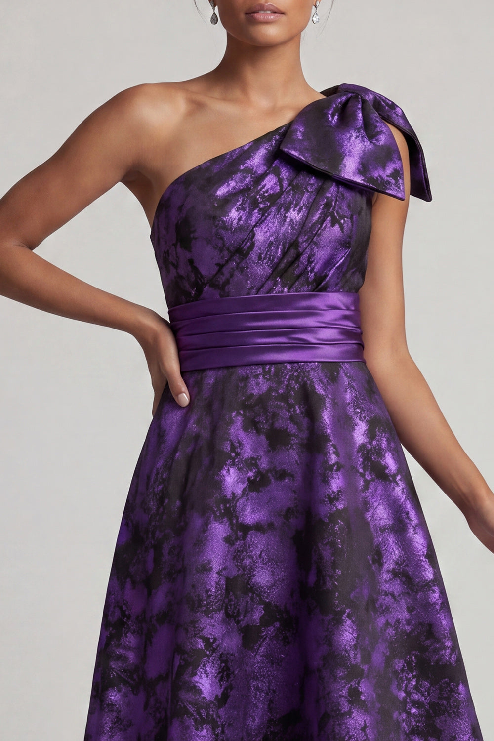 Dark Purple Asymmetrical Floral A Line Mother of the Bride Dress with Bow