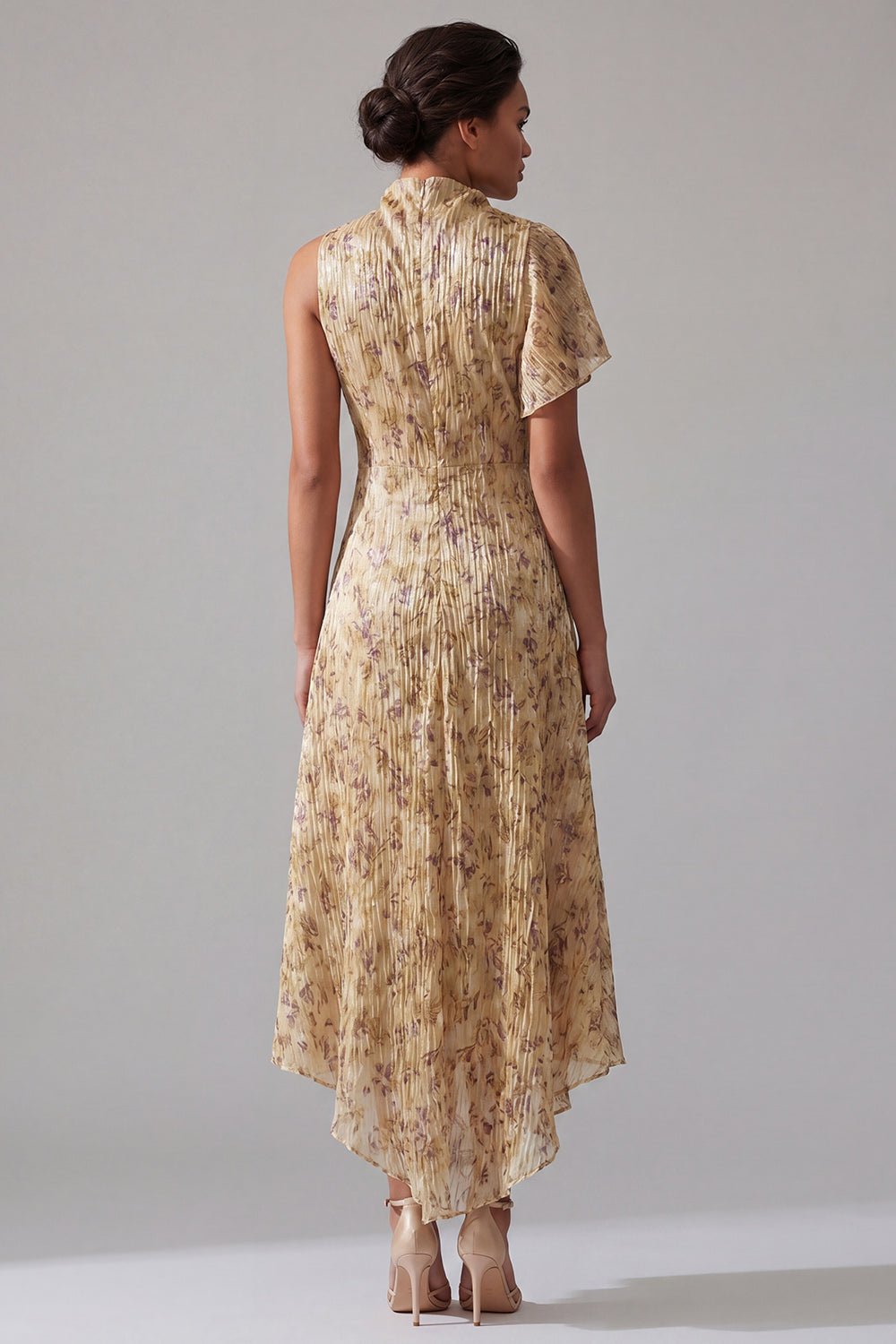 Champagne A Line High Neck Asymmetrical Floral Mother of the Bride Dress