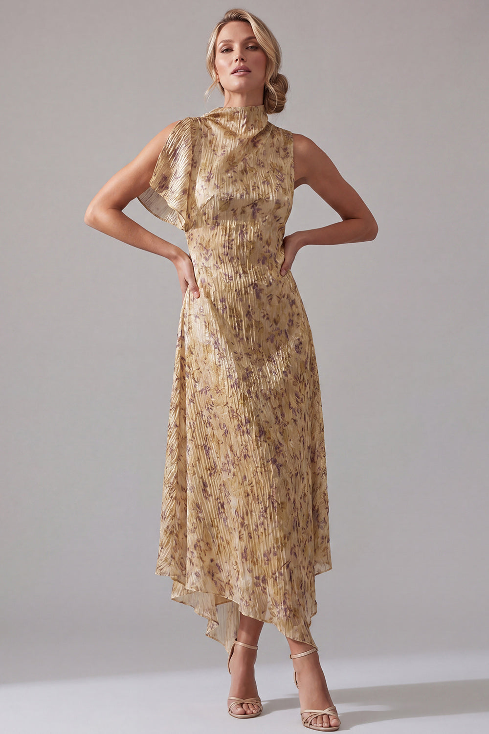 Champagne A Line High Neck Asymmetrical Floral Mother of the Bride Dress