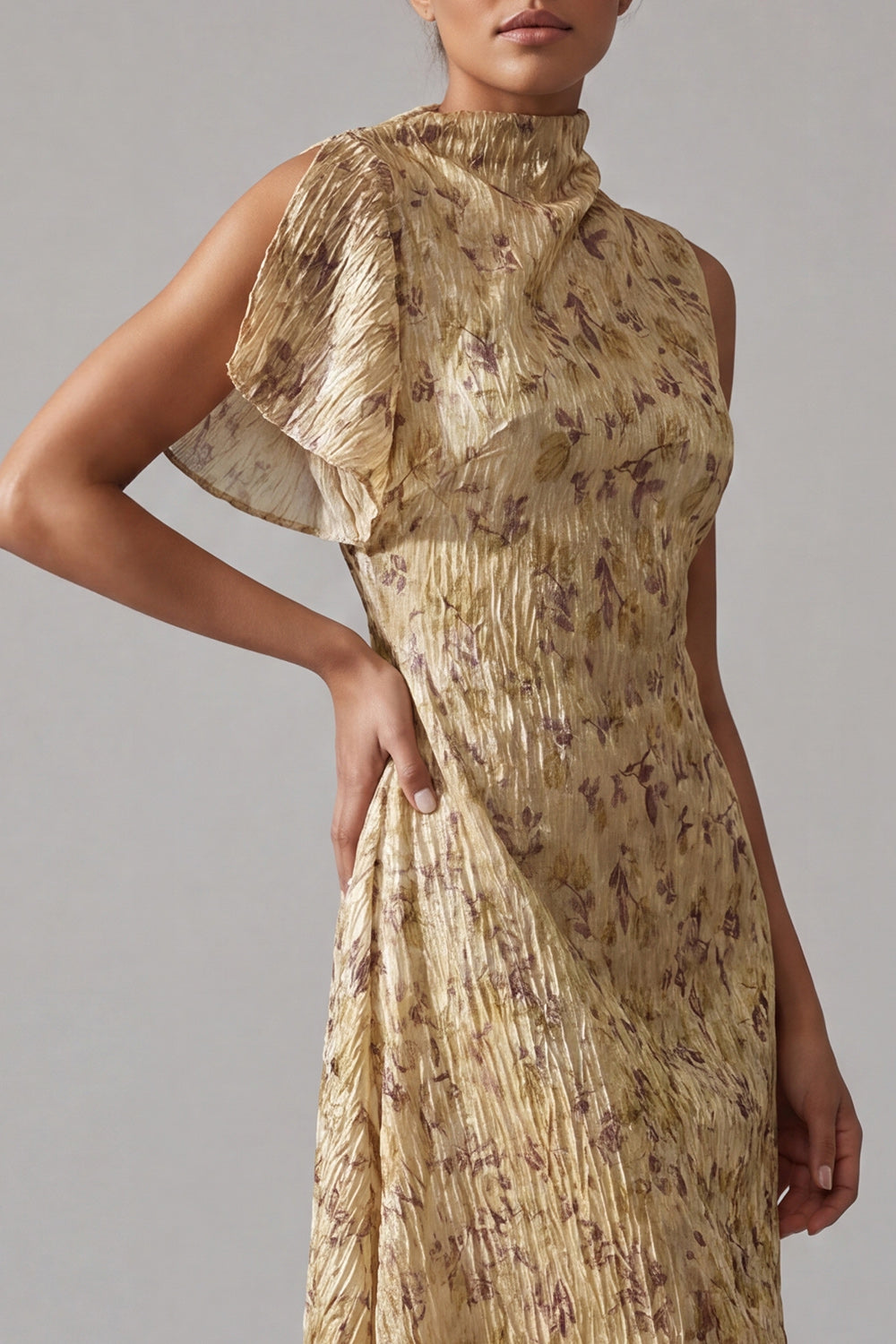 Champagne A Line High Neck Asymmetrical Floral Mother of the Bride Dress