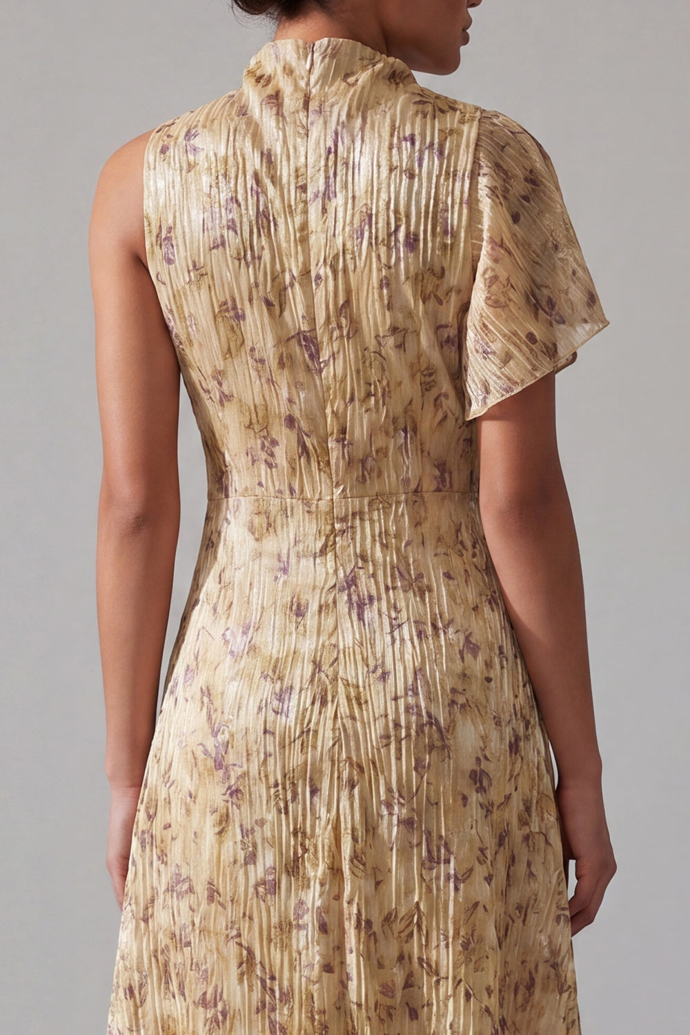 Champagne A Line High Neck Asymmetrical Floral Mother of the Bride Dress