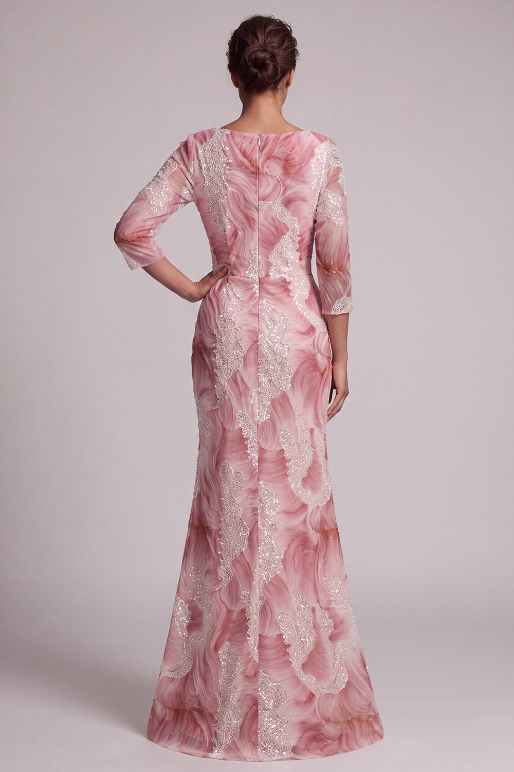 Sparkly Blush Ruched Mermaid Long Beaded Mother of the Bride Dress with Slit