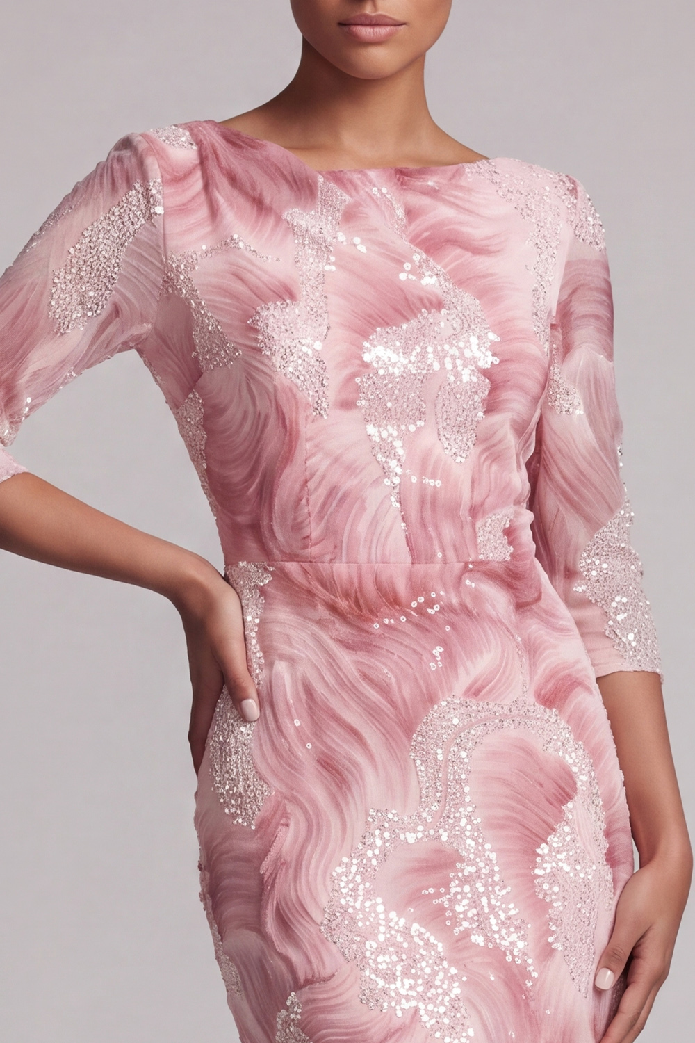 Sparkly Blush Ruched Mermaid Long Beaded Mother of the Bride Dress with Slit