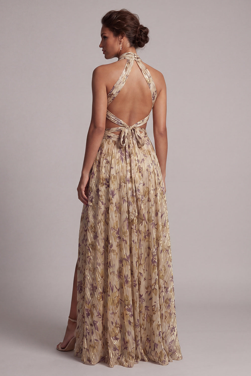 Champagne Cut Out A Line Floral Long Mother of the Bride Dress with Slit