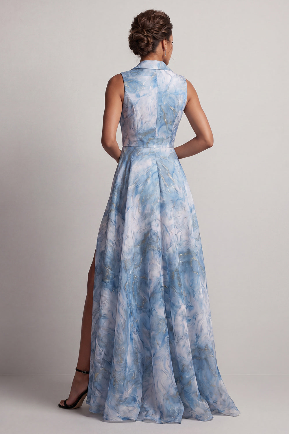 Lake Blue Notched Lapel A Line Floral Long Mother of the Bride Dress with Slit