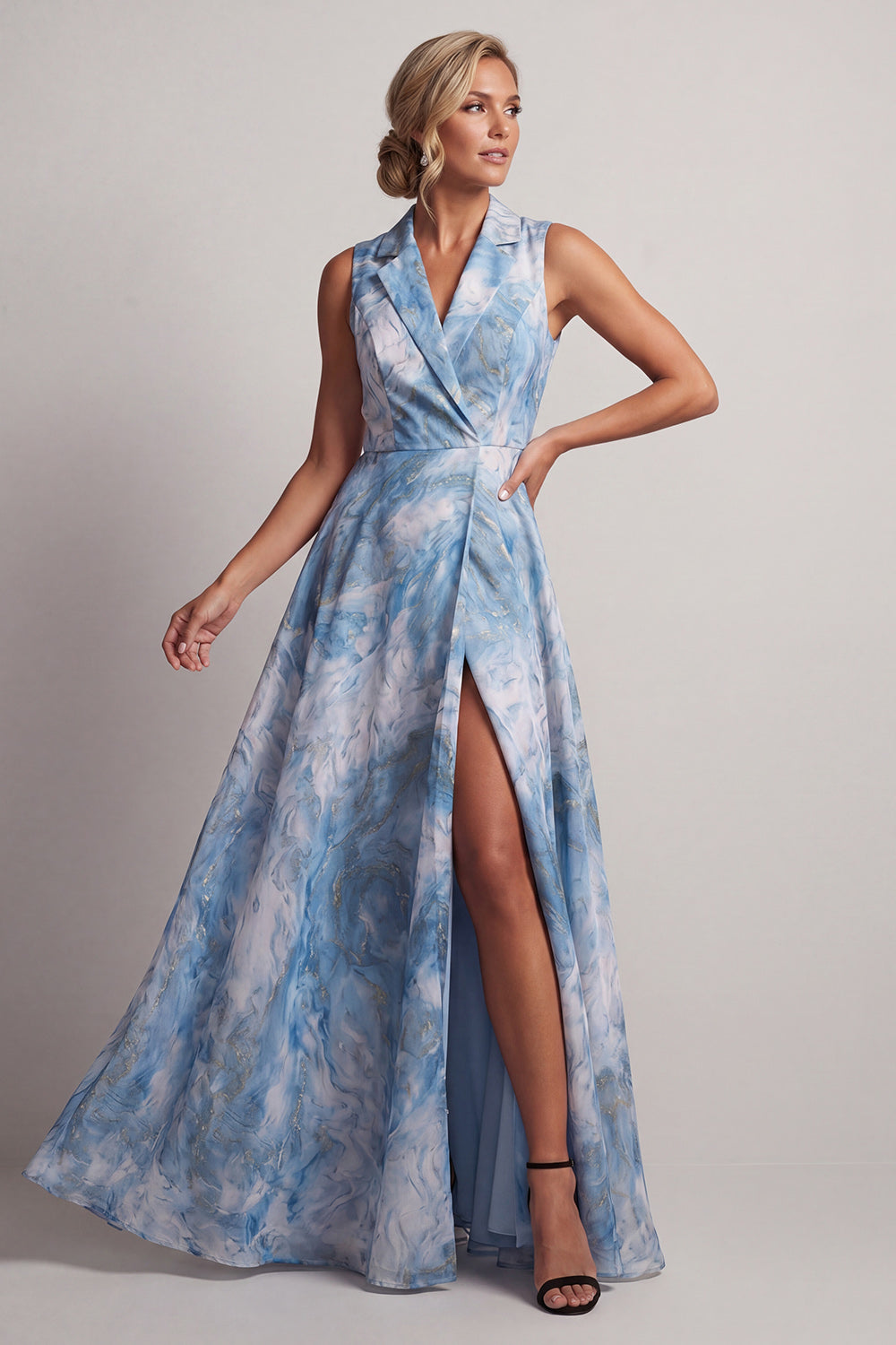 Lake Blue Notched Lapel A Line Floral Long Mother of the Bride Dress with Slit