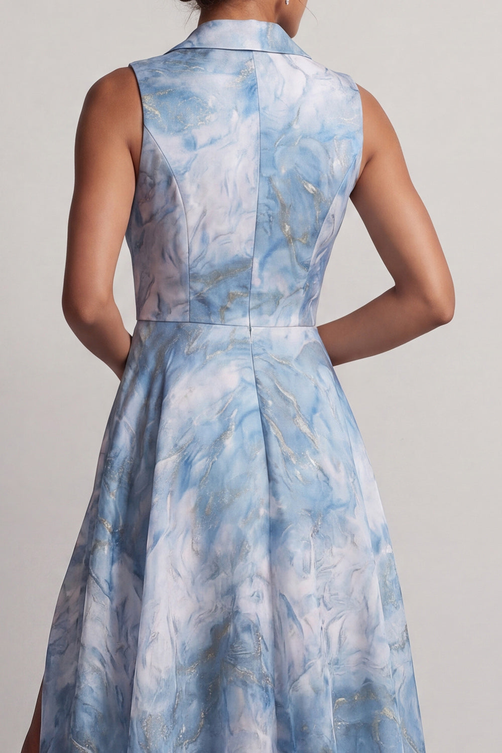 Lake Blue Notched Lapel A Line Floral Long Mother of the Bride Dress with Slit