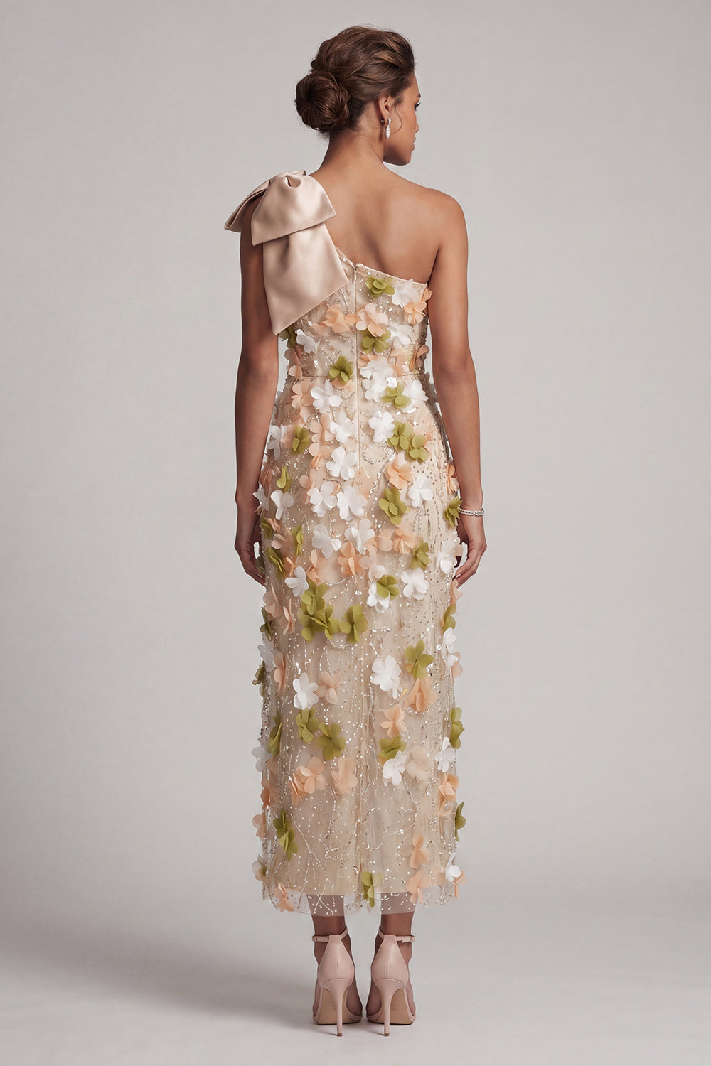 Sparkly Champagne Long Beaded Floral Mother of the Bride Dress with Bow
