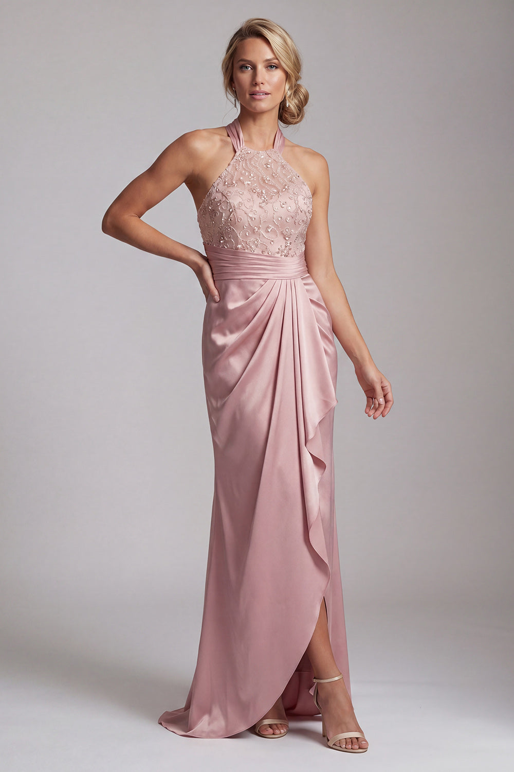 Pink Mermaid Beaded Long Mother of the Bride Dress with Ruffles