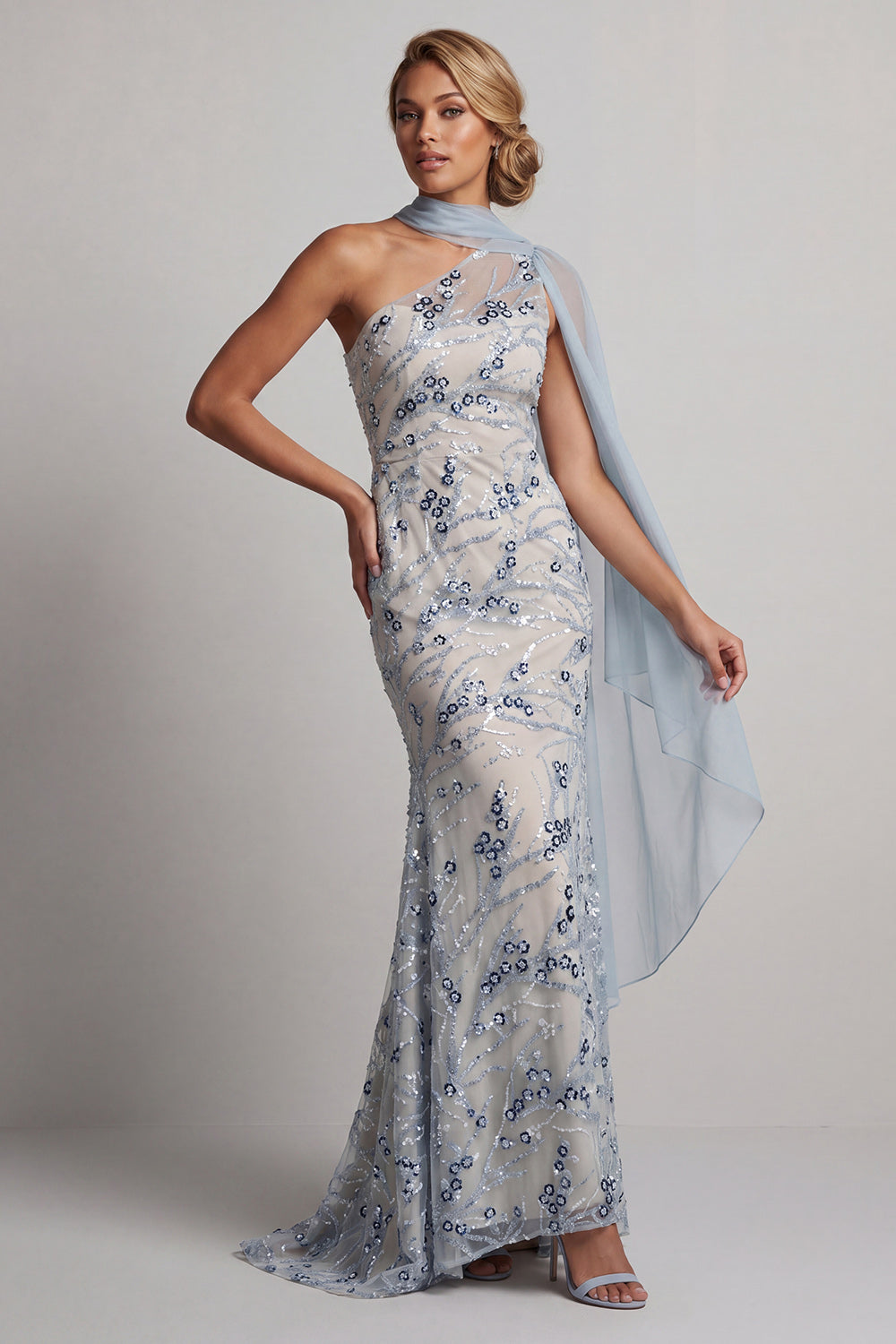 Sparkly Light Blue Mermaid Beaded Long Floral Mother of the Bride Dress