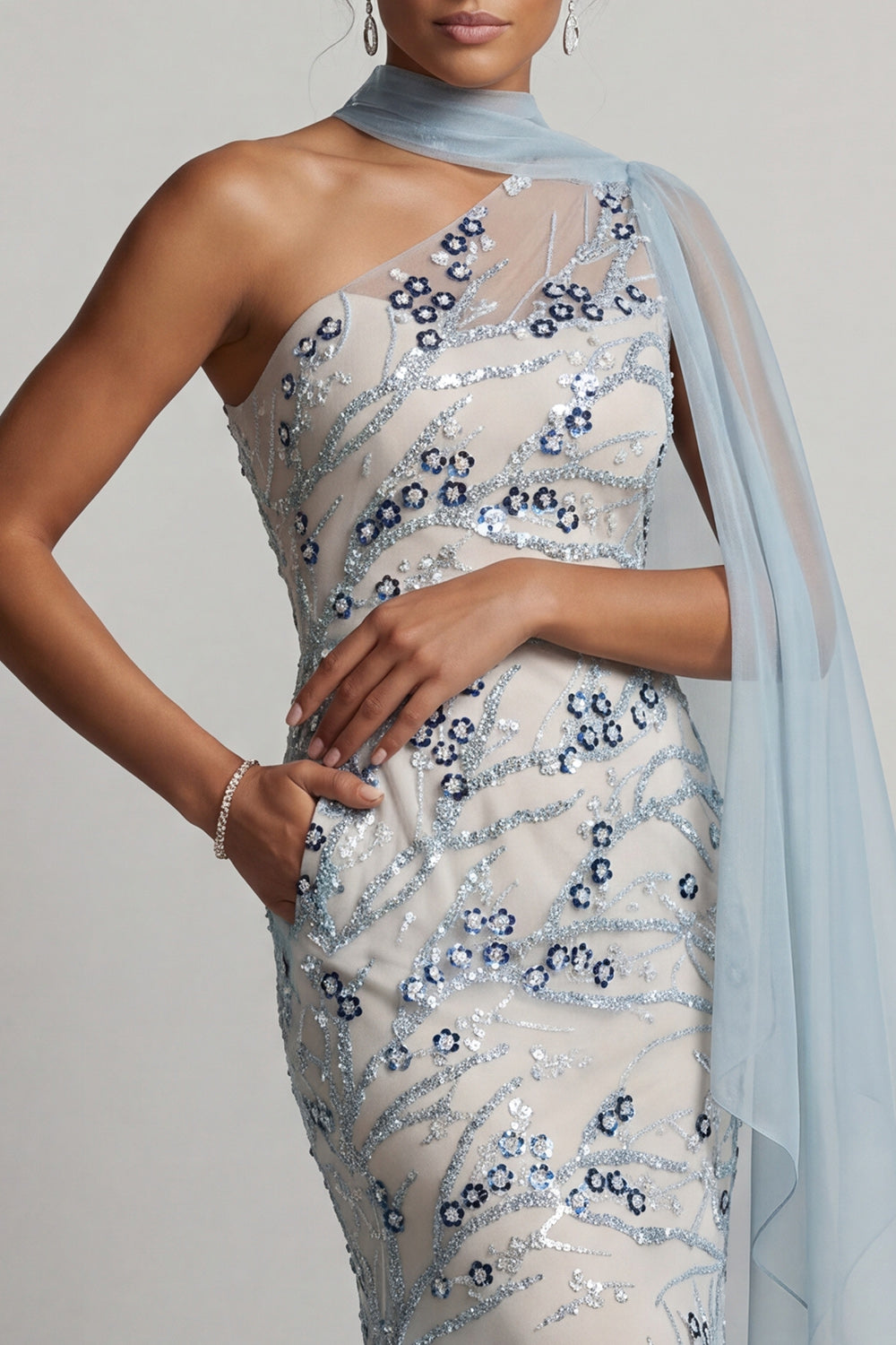 Sparkly Light Blue Mermaid Beaded Long Floral Mother of the Bride Dress
