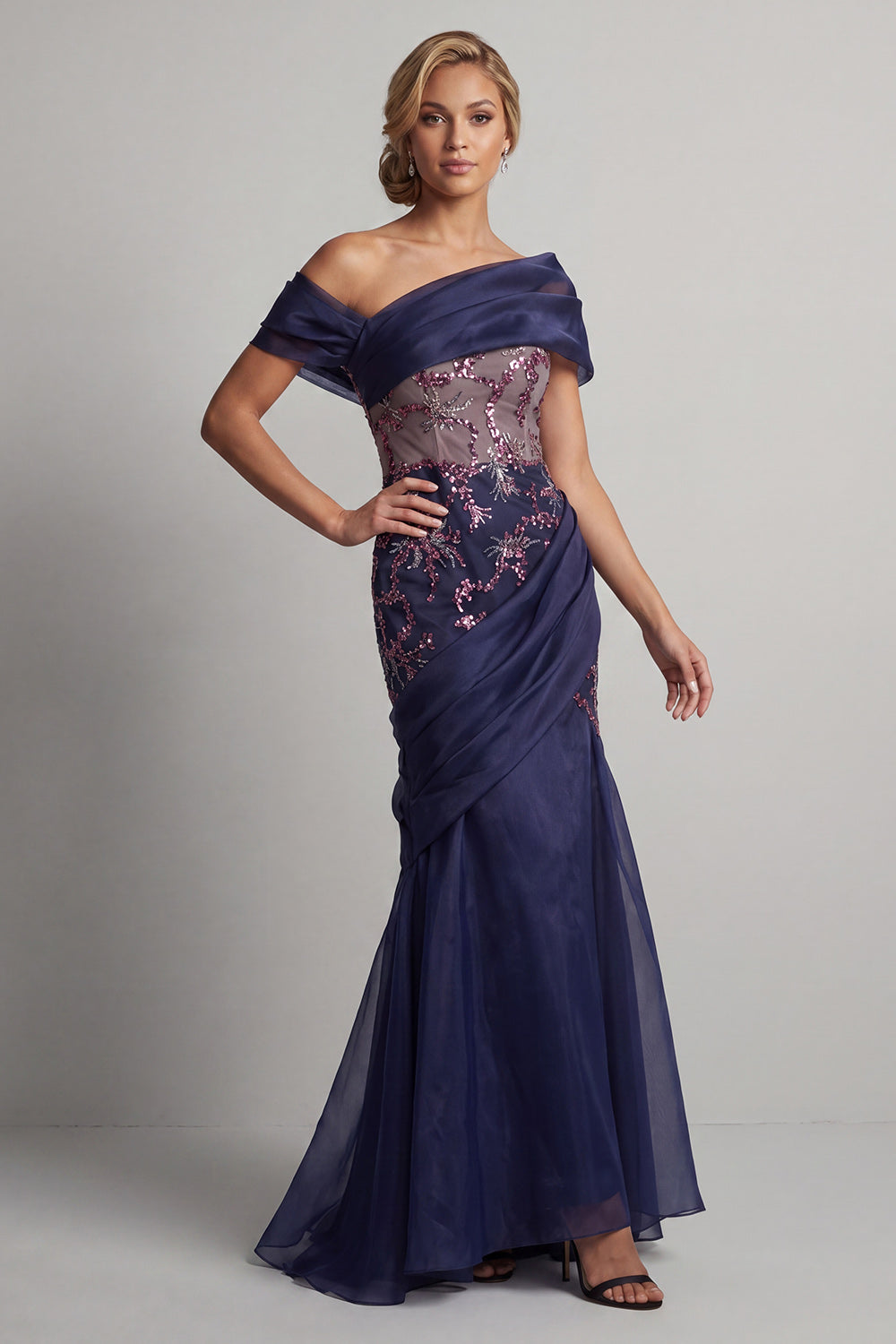Sparkly Navy Long Beaded Ruched Mermaid Mother of the Bride Dress