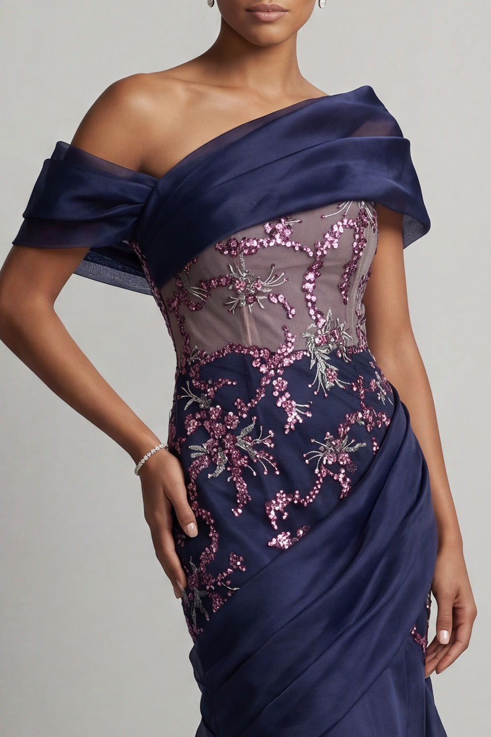Sparkly Navy Long Beaded Ruched Mermaid Mother of the Bride Dress