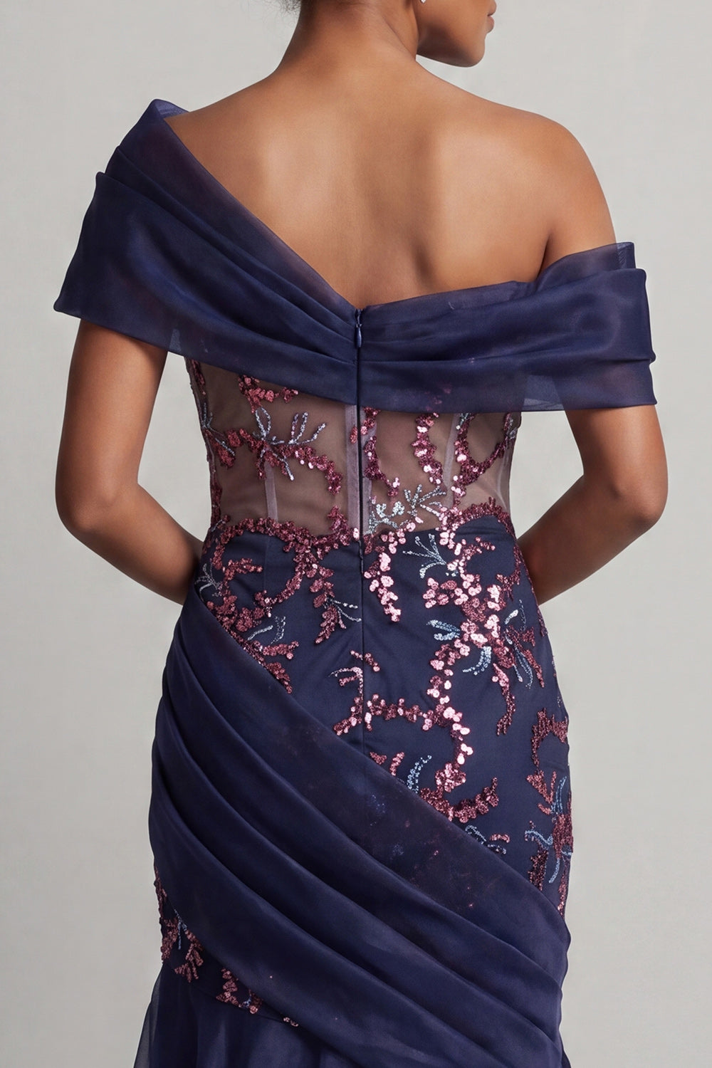 Sparkly Navy Long Beaded Ruched Mermaid Mother of the Bride Dress
