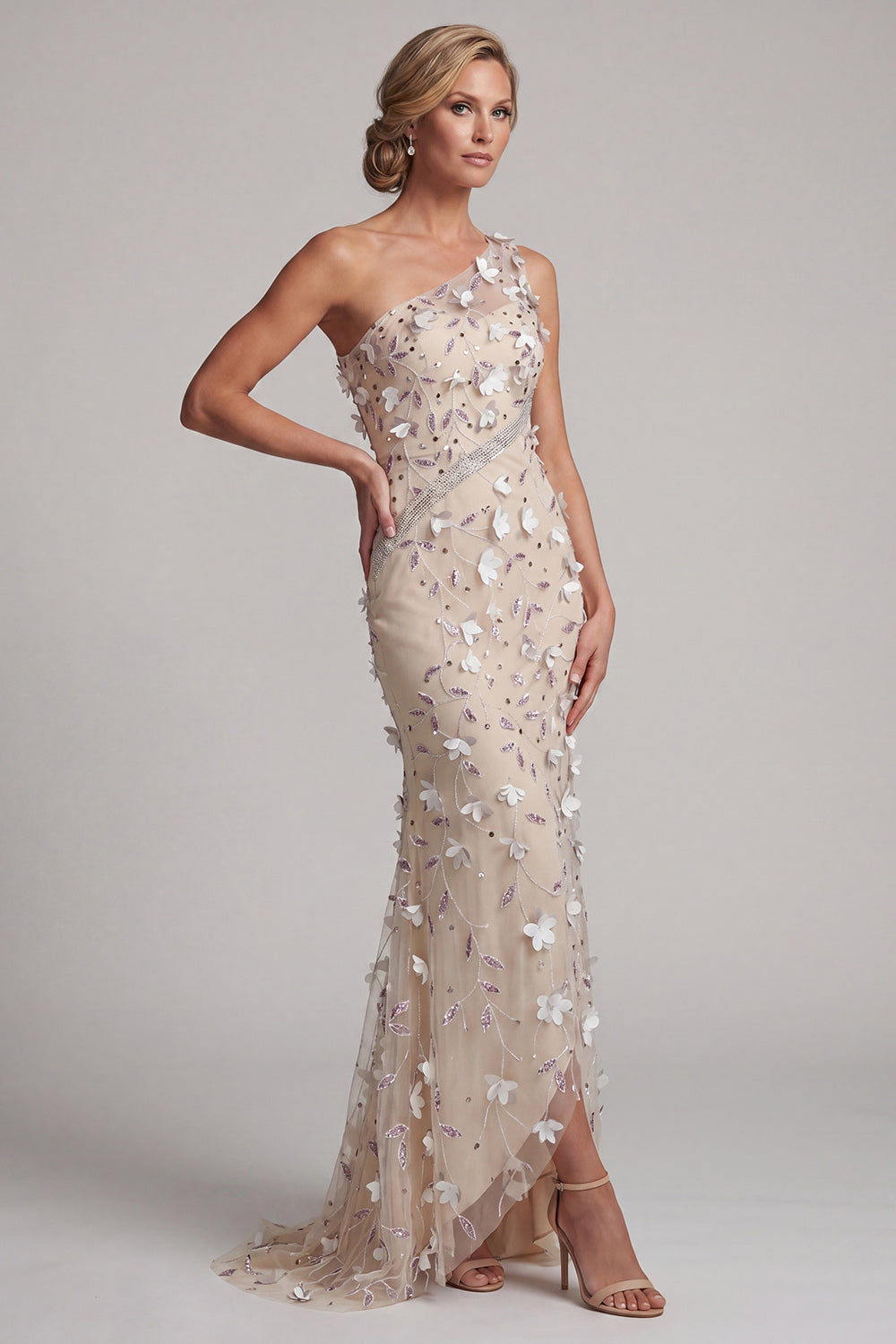 Sparkly Floral Apricot Beaded Mermaid Long Mother of the Bride Dress